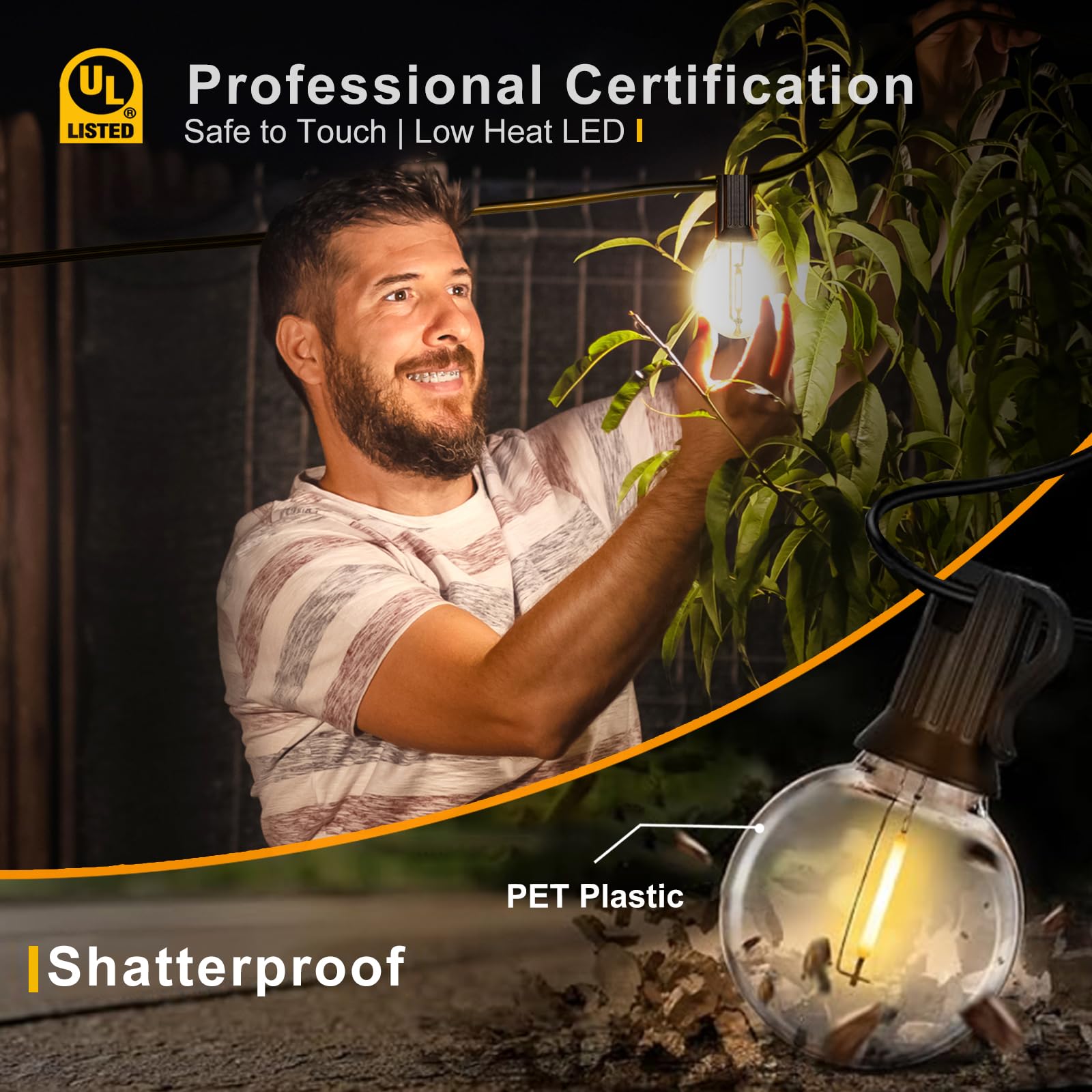 Gvvoohome Outdoor String Lights, Led Patio Hanging Lights With Waterproof G40 Globe Plastic Bulbs For Outside Backyard Porch Garden Cafe Decor (25Ft - 14 Led Bulbs)