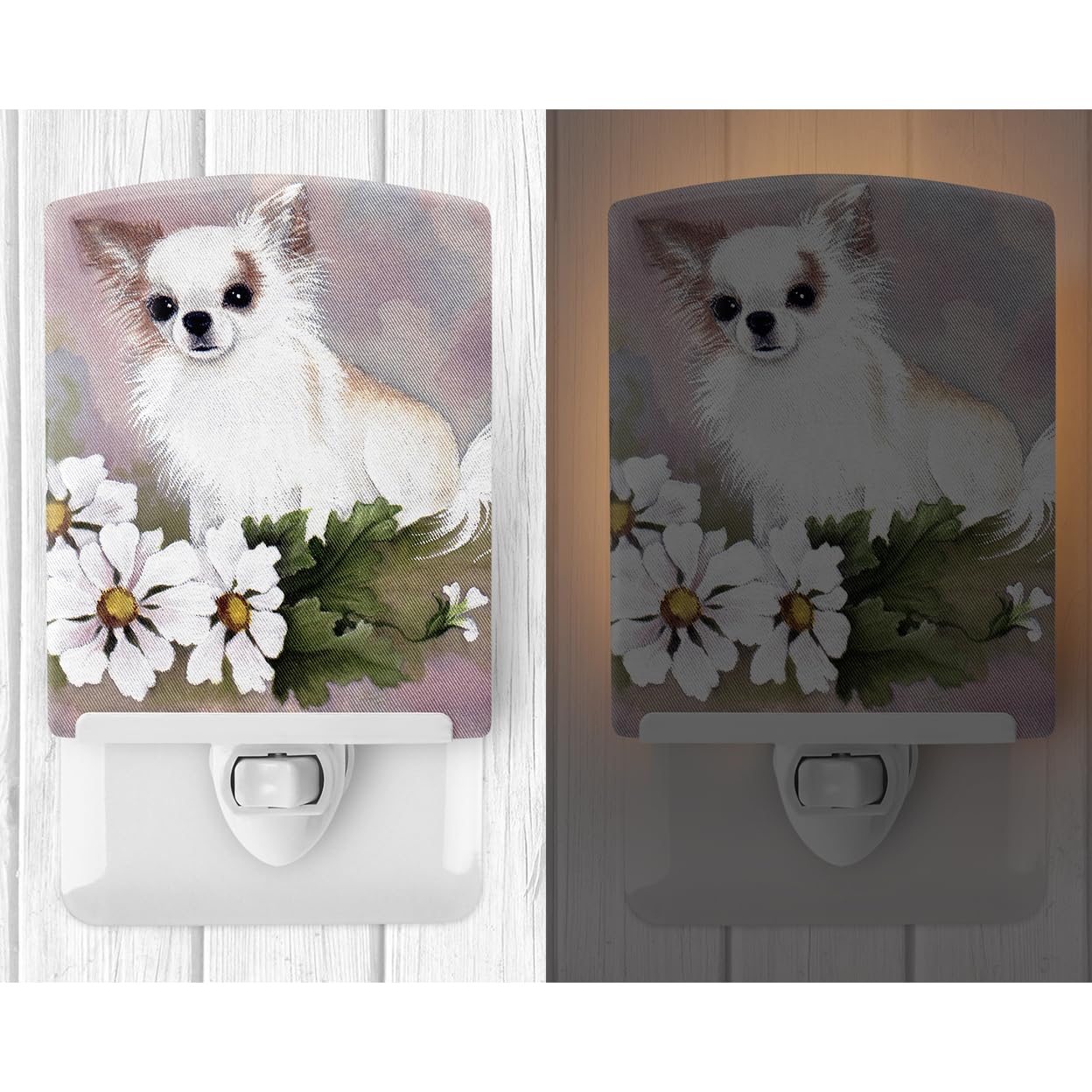 Carolines Treasures Ceramic Night Light, Chihuahua White Flowers, 6x4x3in, Model MH1019CNL, UL-Certified for Bedroom, Bathroom, Nursery