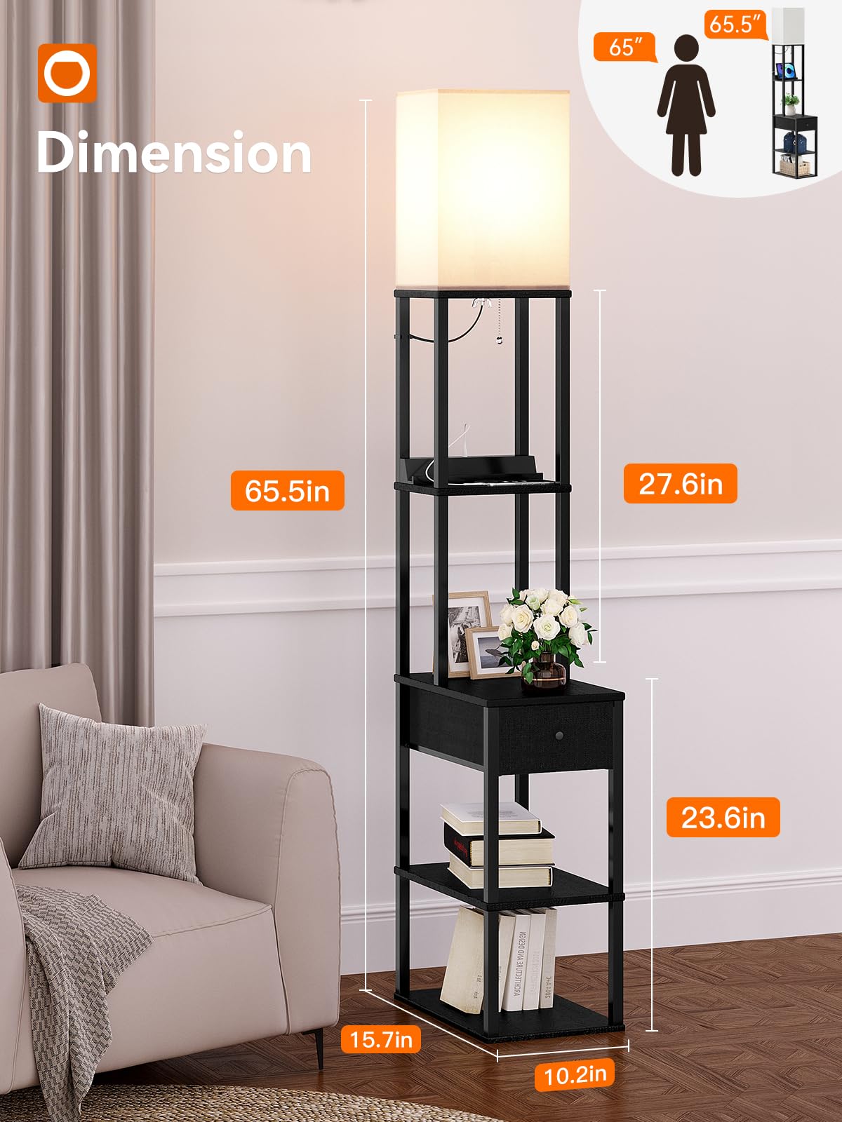 addlon Floor Lamp with USB, Outlet & Drawer - 3 Color Temperatures LED Bulb, Black Wood - Ideal for Living Room, Bedroom, Office