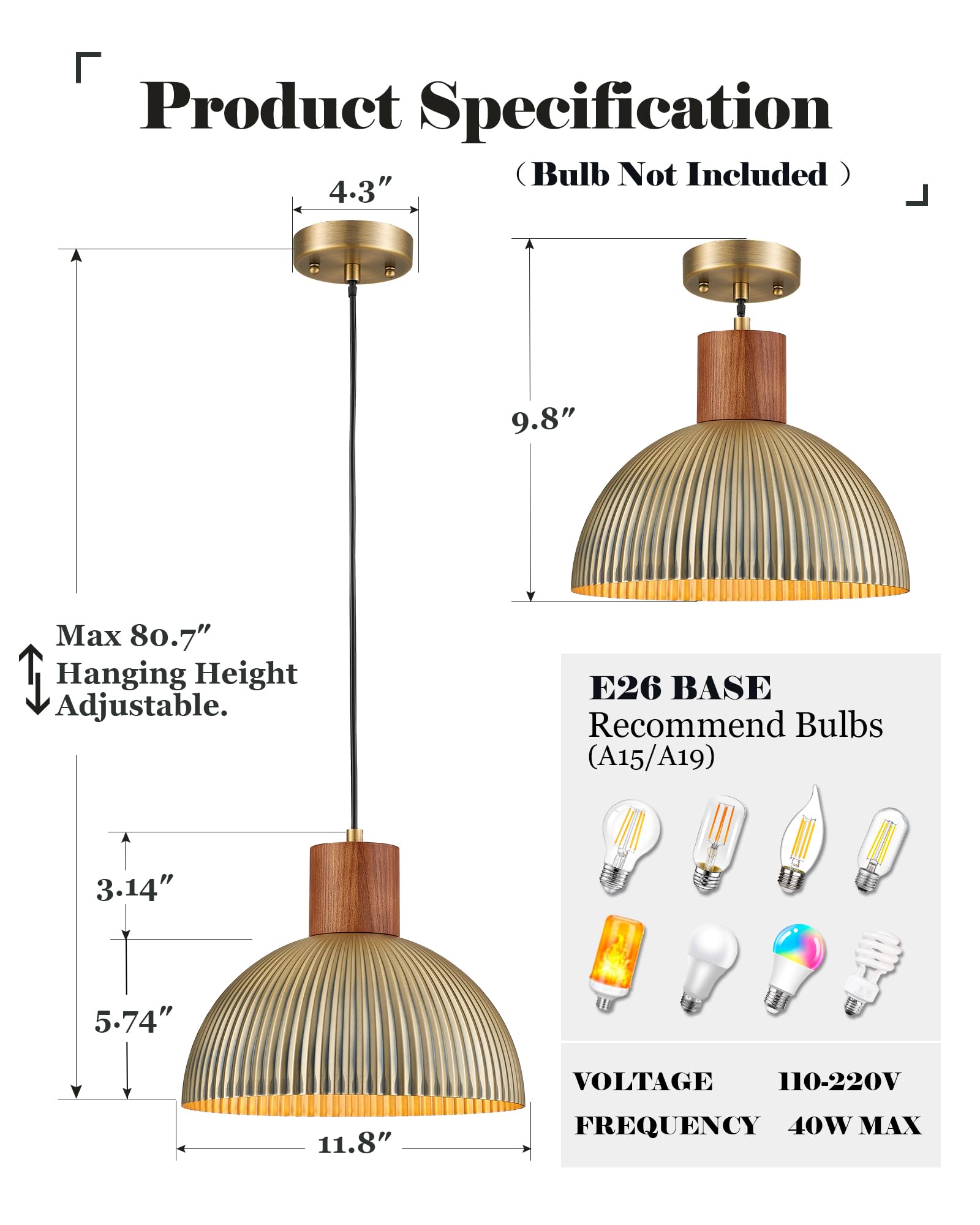Elyona Vintage Ash Wood Dome Pendant Light 12'' Hanging Lamp With Brushed Brass Metal Shade & Gold Inner Finish, Modern Pendant
