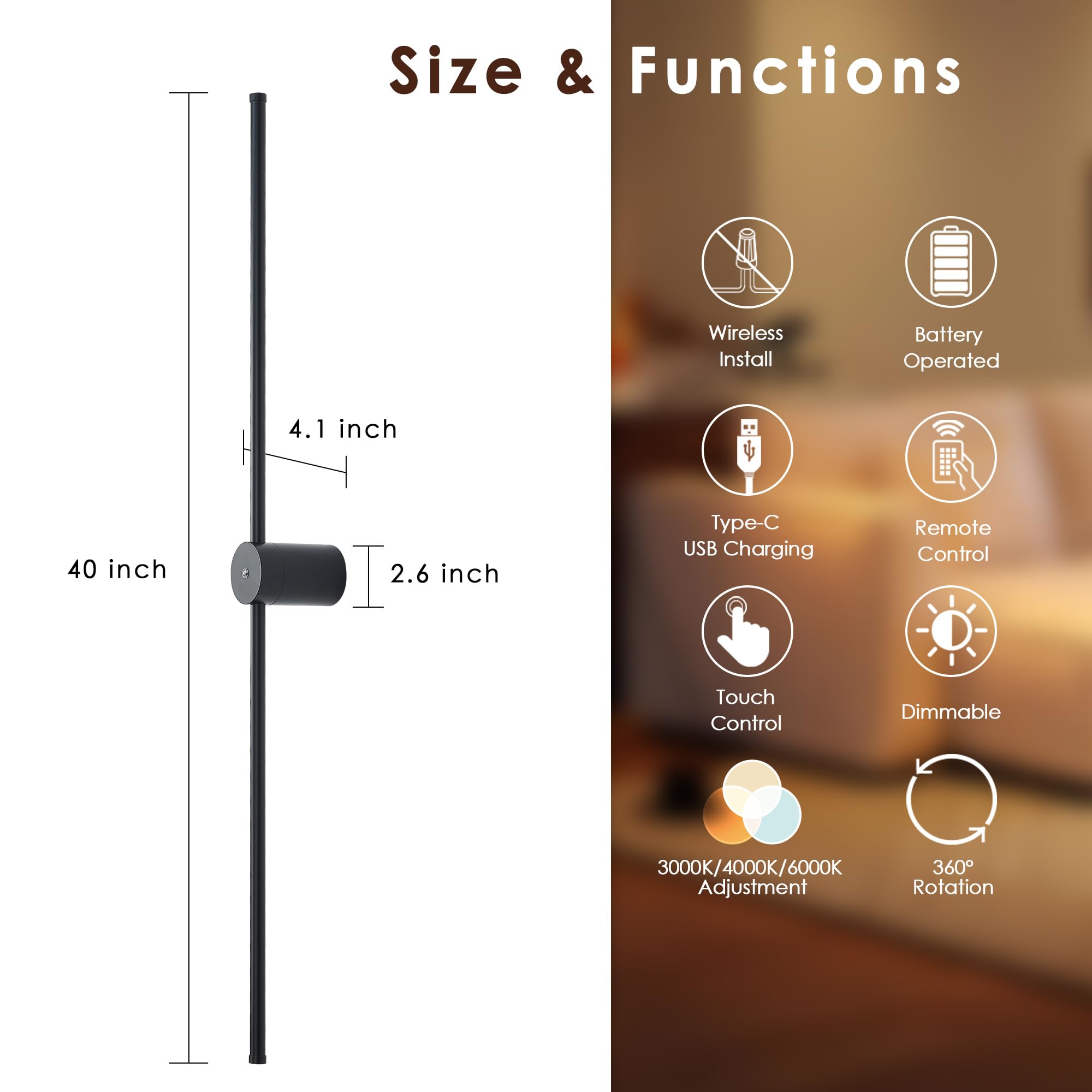GWONER Battery Operated Wall Sconces Set of 2 with Remote Control, 40   Wireless Rechargeable Wall Lights, 3000K-6000K Steples