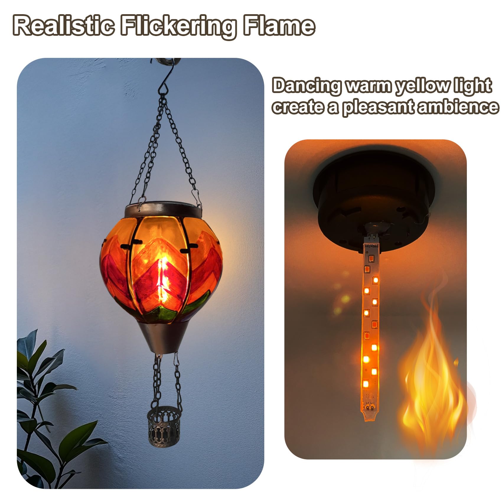 Twirleternity 2Pcs Hot Air Balloon Solar Lantern (Metal Shepherds Hook) (Flickering Flame) (Efficient Solar Panel Power) Hanging Lanterns Outdoor Waterproof Thanksgiving Gifts Colorful Wave