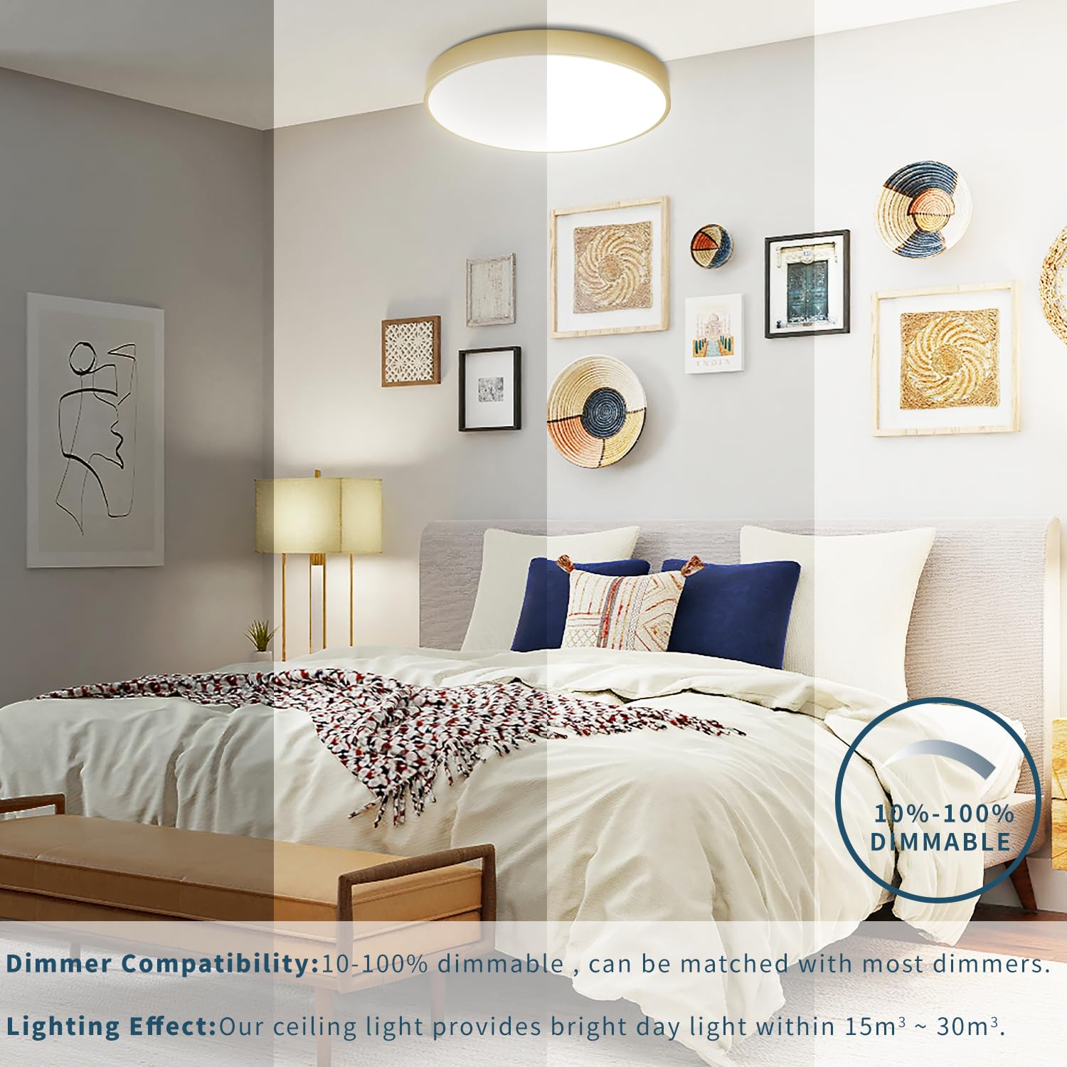 Wheatronic Led Ceiling Light Flush Mount Gold, 24W Kitchen Light Fixture Ceiling Mount Dimmable, 12 Inch Close To Ceiling Light Fixture 5Cct For Bedroom, Bathroom, Living Room