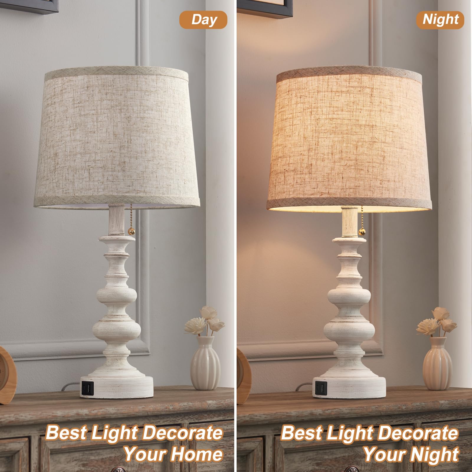 Bowobo 21'' Farmhouse Table Lamps For Bedroom Set Of 2 Rustic Bedside Lamps For Nightstand With Usb A+C Ports White Side Table L