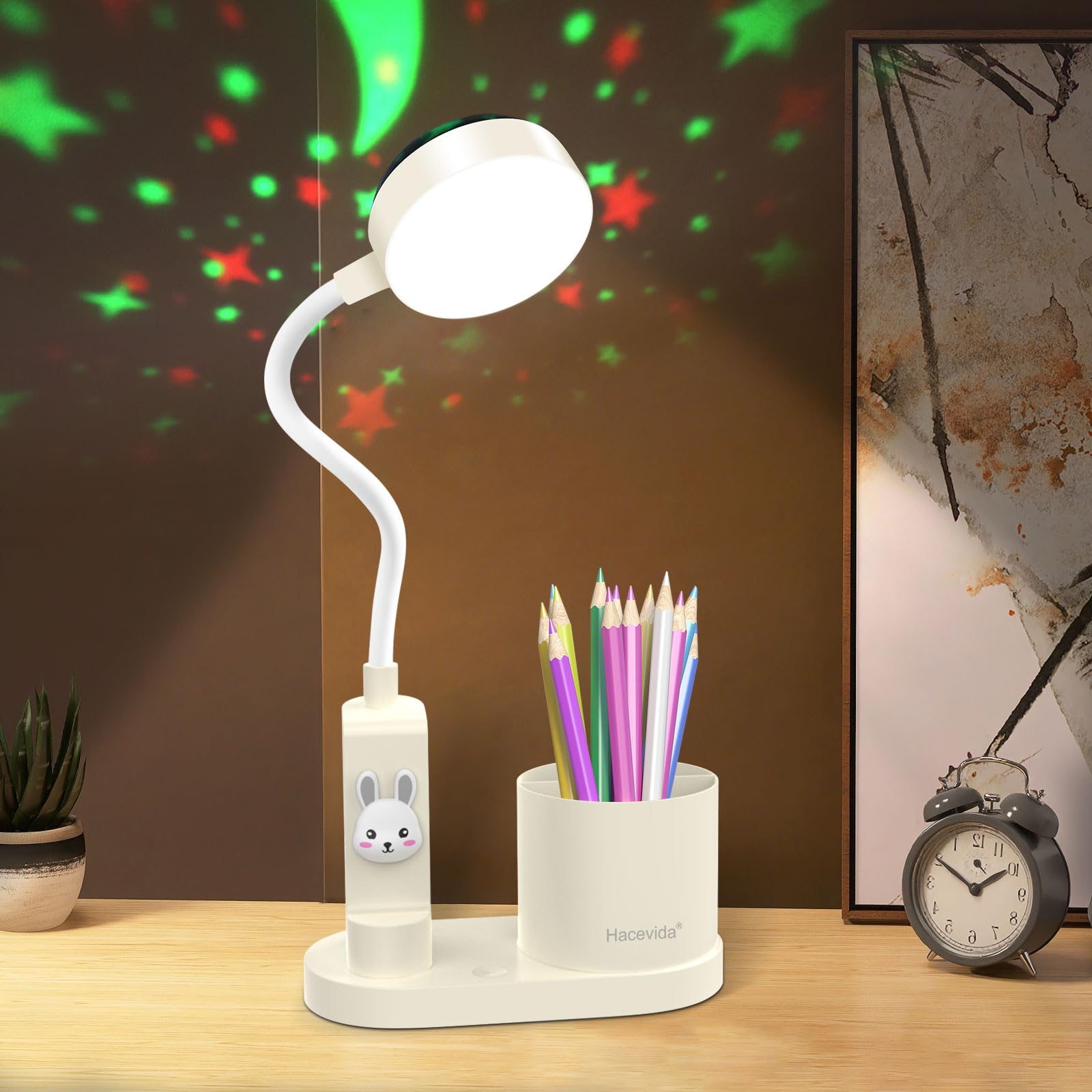 Hacevida Rechargeable Battery Rabbit Lamp with Star Projector/3 Brightness Levels/Pen Holder, Cute Kids Desk Lamp for Home Offic