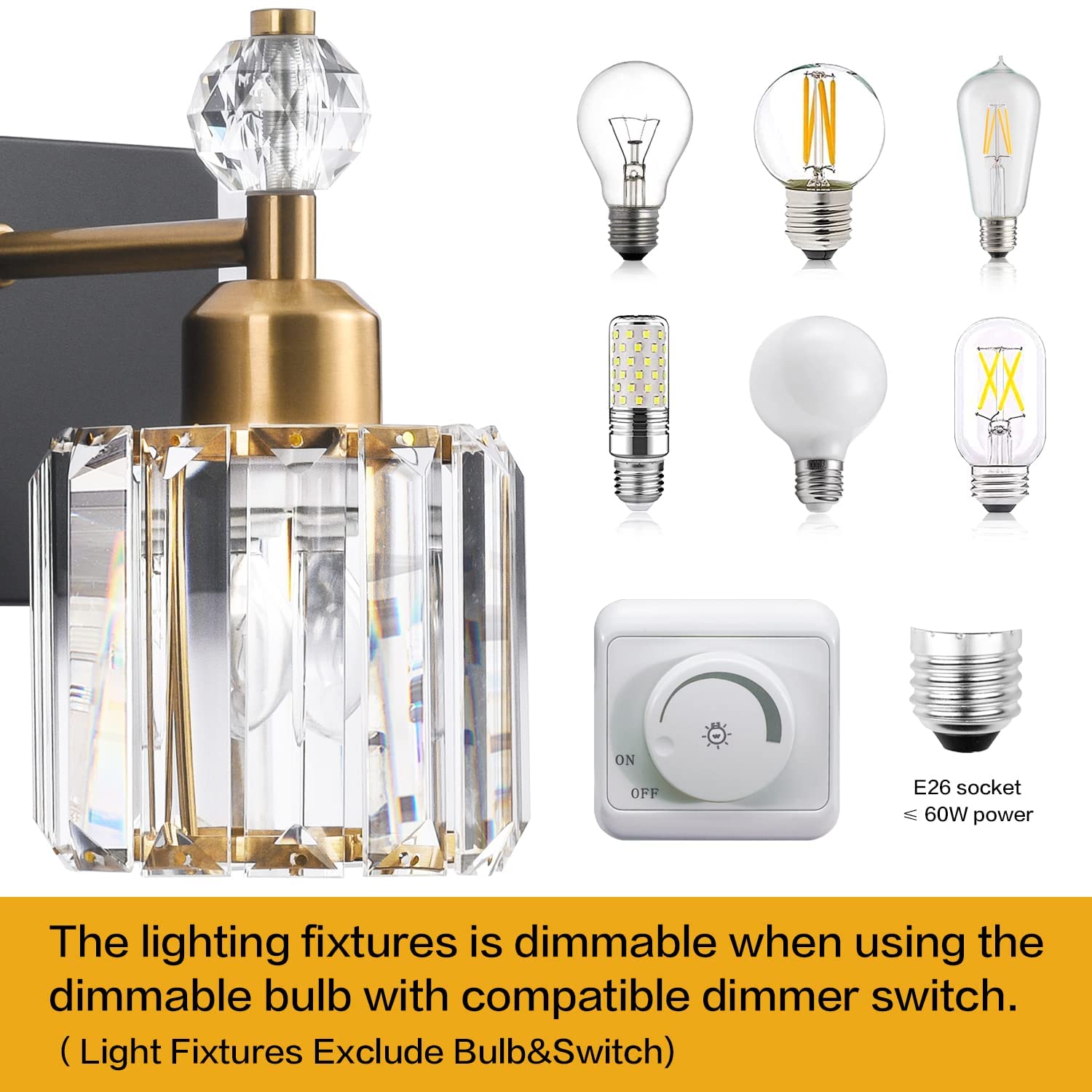 PRESDE Modern Crystal Vanity Light Fixture, 4 Lights, Matte Black and Gold, Bathroom Wall Lighting Over Mirror