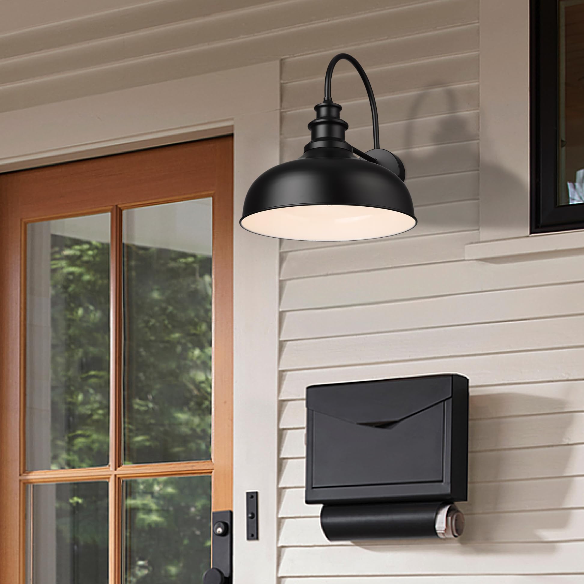 Bestshared Barn Lights Outdoor Wall Sconces 16” Dome Metal 2-Pack Black+White V260-16L-BS