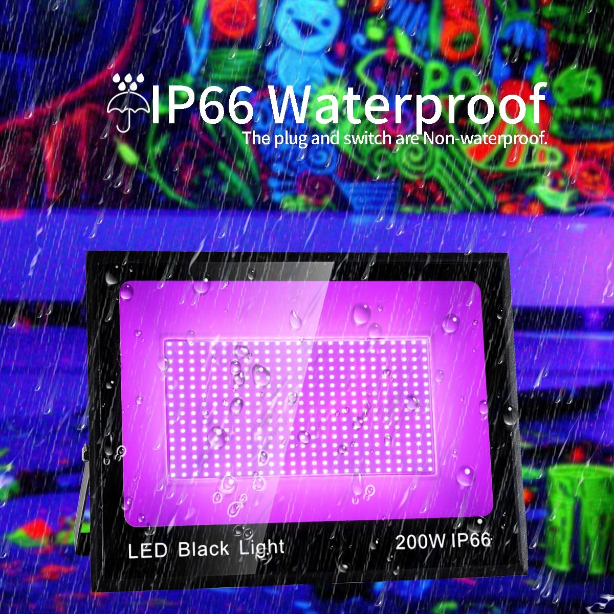 YAYIT 200W Blacklight Flood Light - IP66 Waterproof, Aluminum, 10ft Cord, 4 Pack, Perfect for Parties, Halloween, Stage, Gym