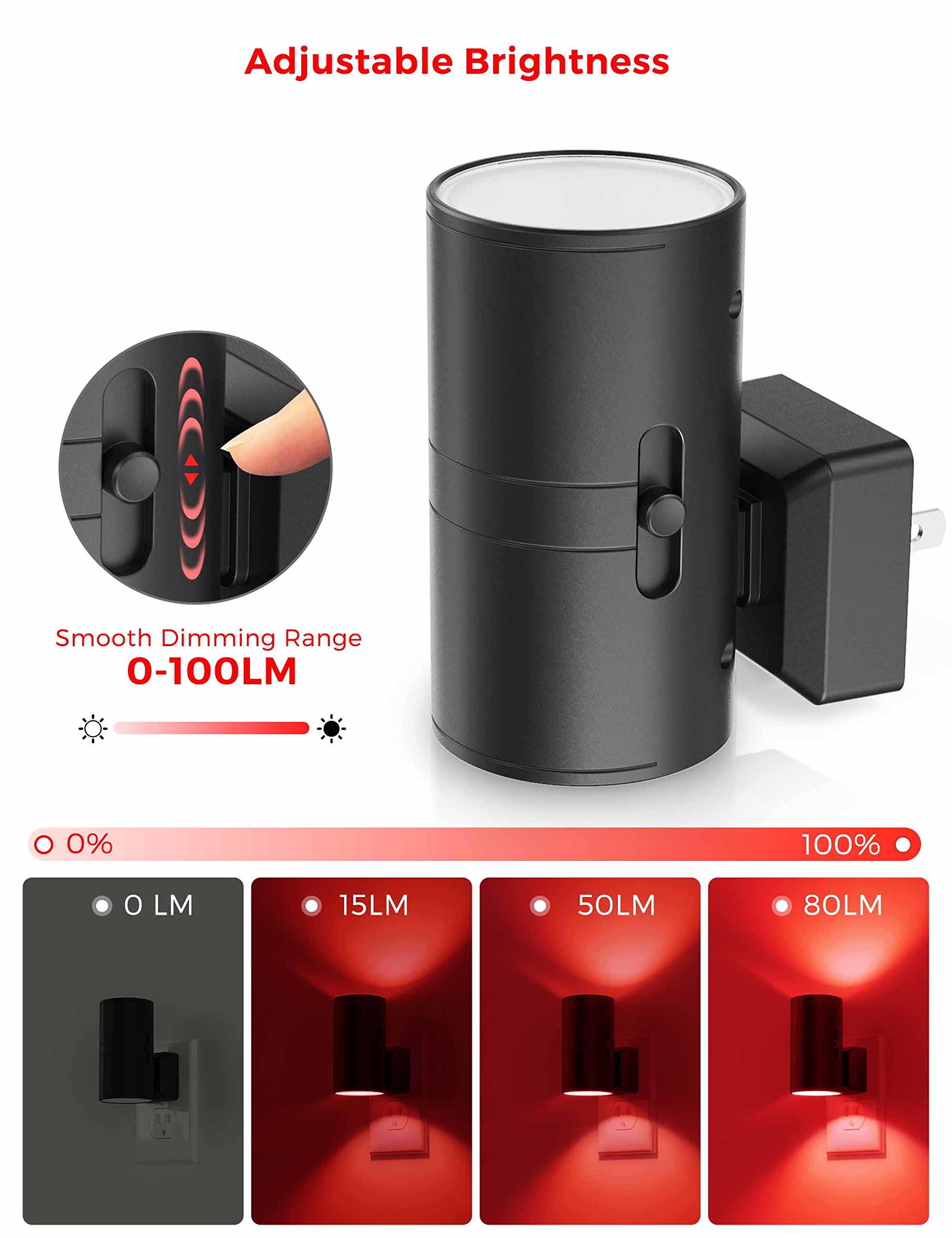 L LOHAS LED Night Light, Dimmable Red Plug-in with Light Sensor, Sleep Aid, 2 Pack, Model GY-063-RE-US-2
