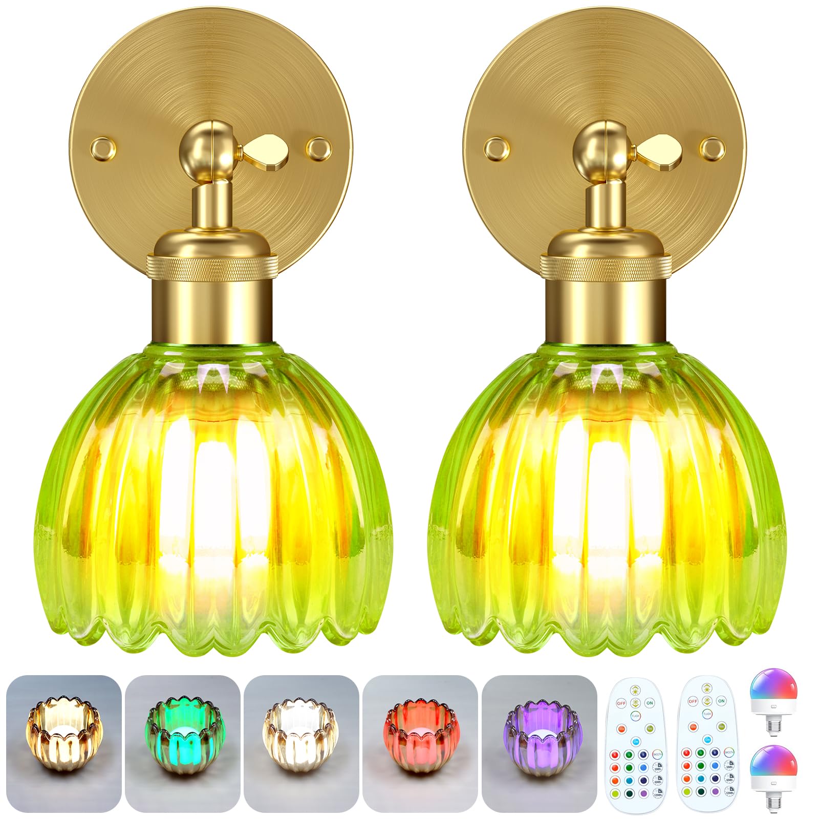 Senluyi Battery Operated Wall Sconce Set of 2, Remote Control, 7000mAh Dimmable RGB Bulbs, Wrought Iron, Green, Model V828