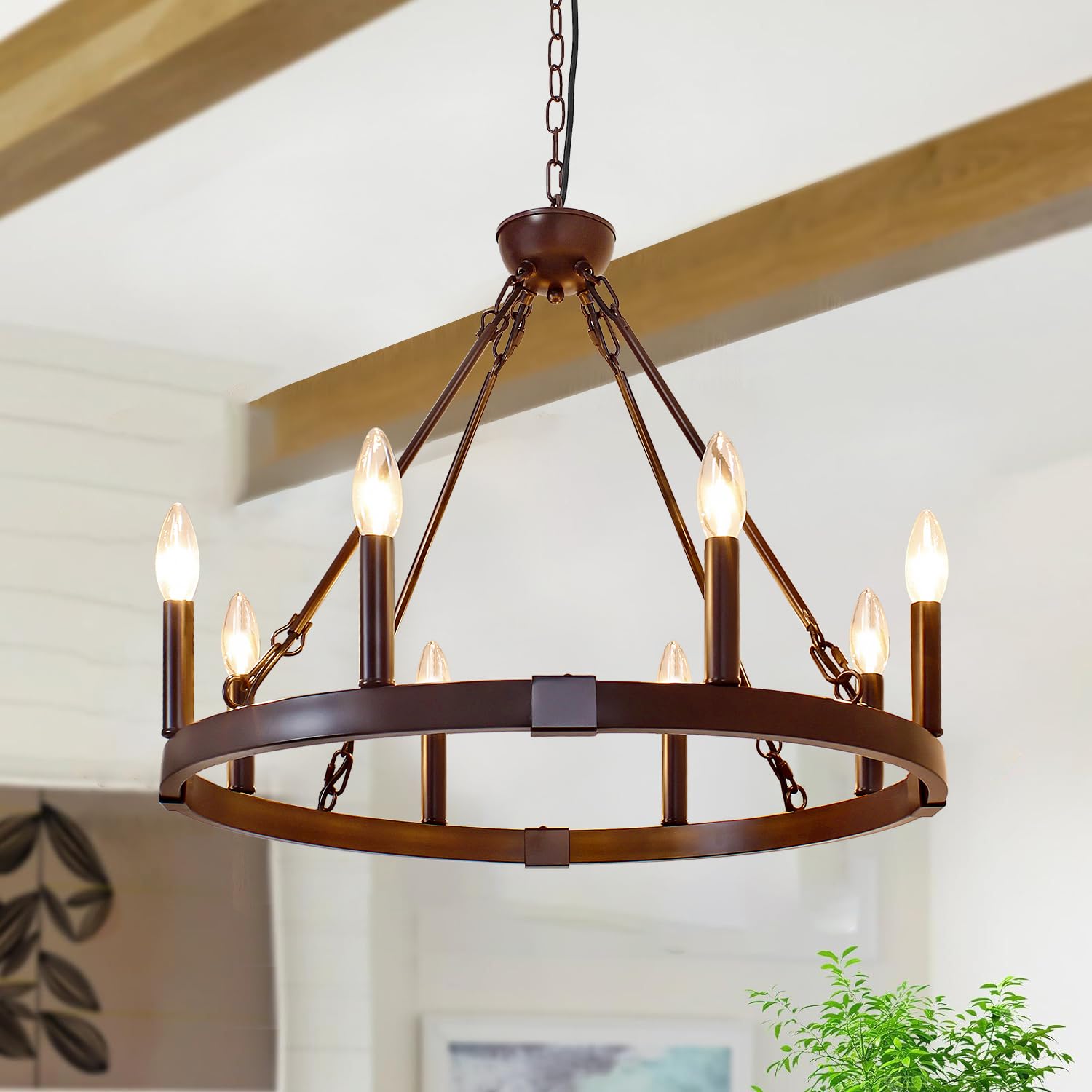 Rviezza 8 Light Wagon Wheel Chandelier, 23.6'' Oil-Rubbed Bronze Dining Room Light Fixture with Adjustable Height, Industrial Ha