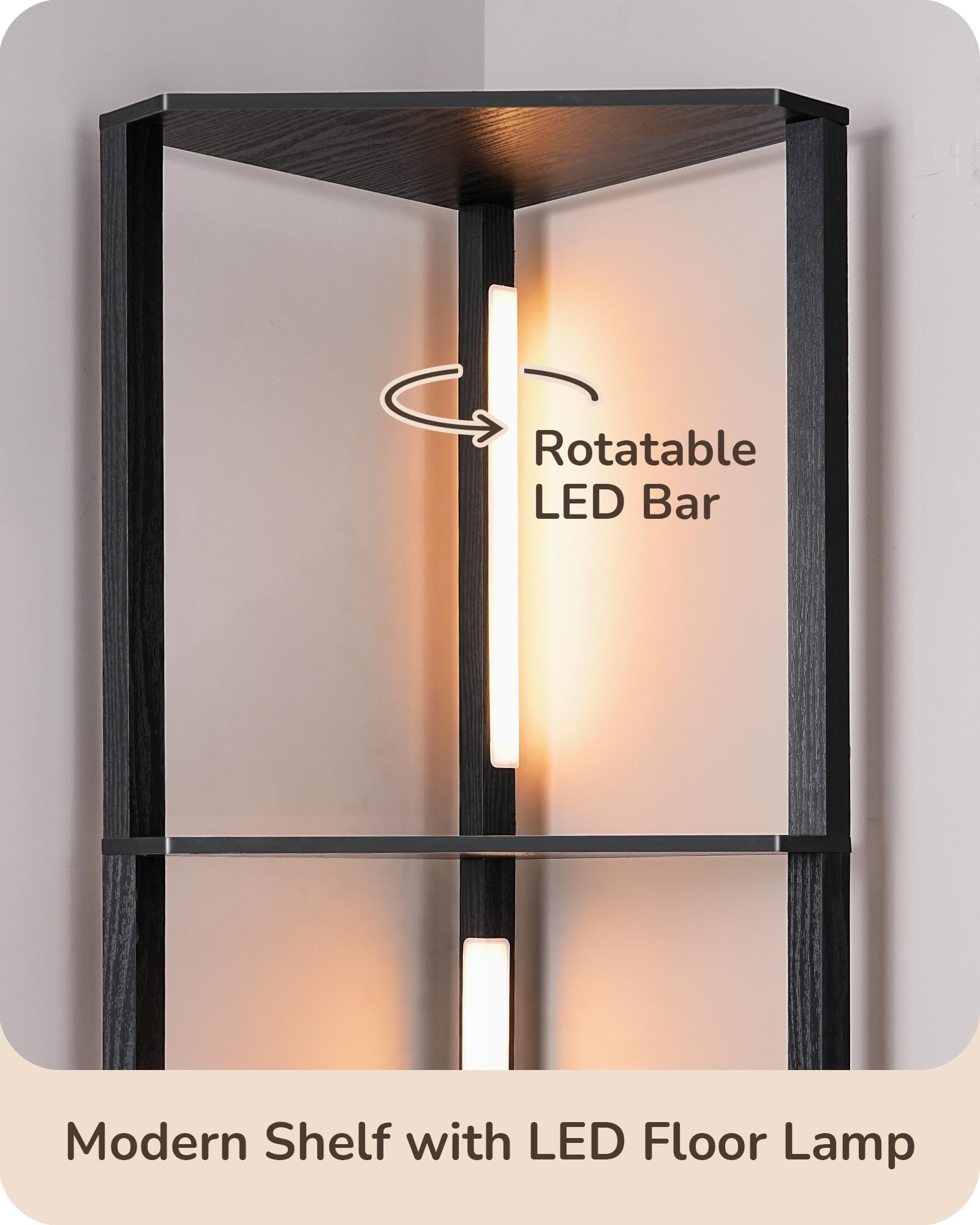 EDISHINE 64in Corner Display Shelf with Light, Stepless Dimmable Floor Lamp, Black Wood