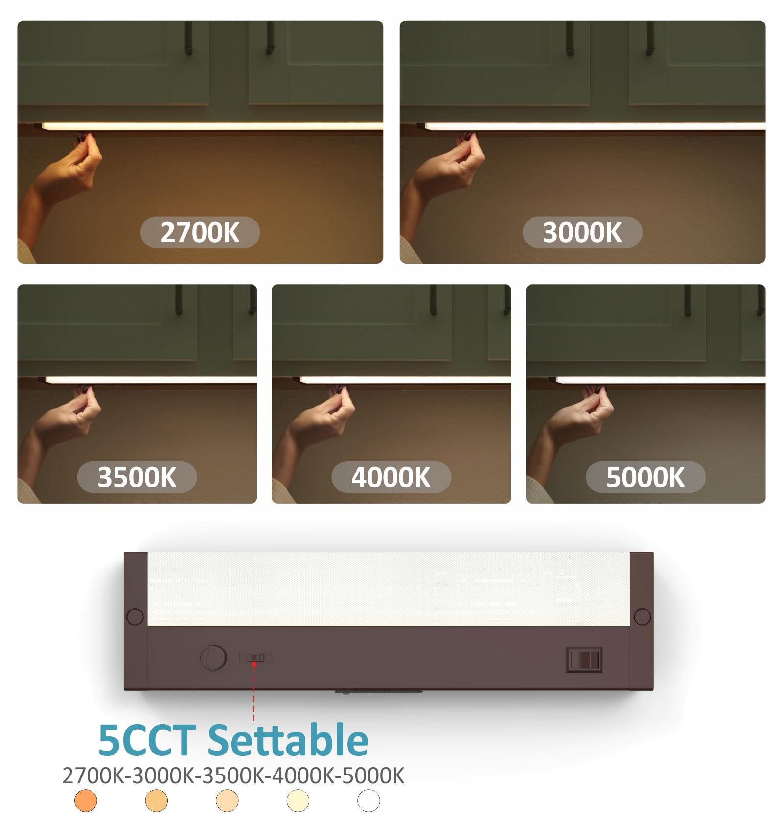 Leetdud LED Under Cabinet Lighting, 12 Inch Dimmable, 5 Color Options, Bronze, Model AirKitPro-1206WU-PWM-TC-BR, ETL Listed