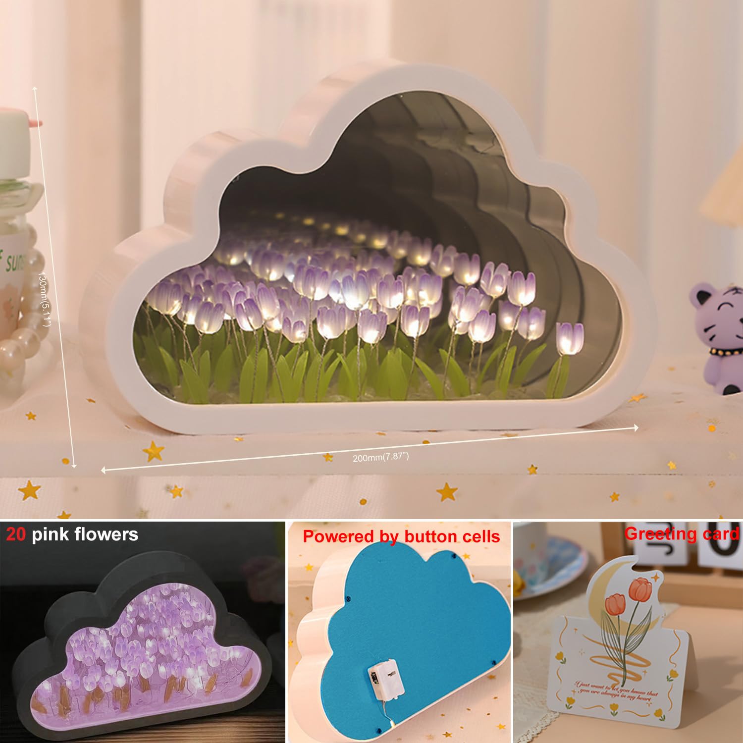 Logazoo (20 Flower) Tulip Lamp Night Light With Mirror  Assembled Artificial Flower Lamp Table Light Bedroom Decoration Gift For Women Girlfriend Sisters Desk Table Decor  Cloud Design (Purple)