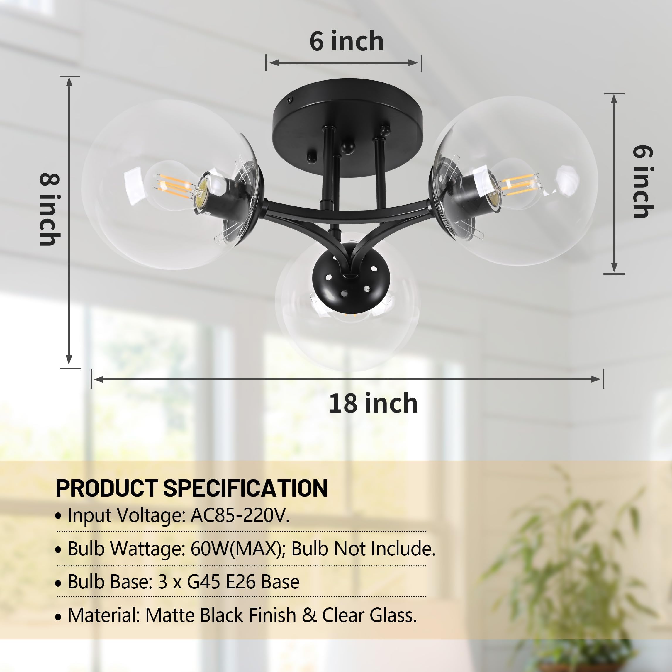 Bagood Mid Century Modern Ceiling Light Clear Globe Semi Flush Mount Ceiling Light Black Sputnik Light Fixture Chandeliers Clear Glass Matte Black Chandeliers Living Room Dining Room Bedroom 3 Lights