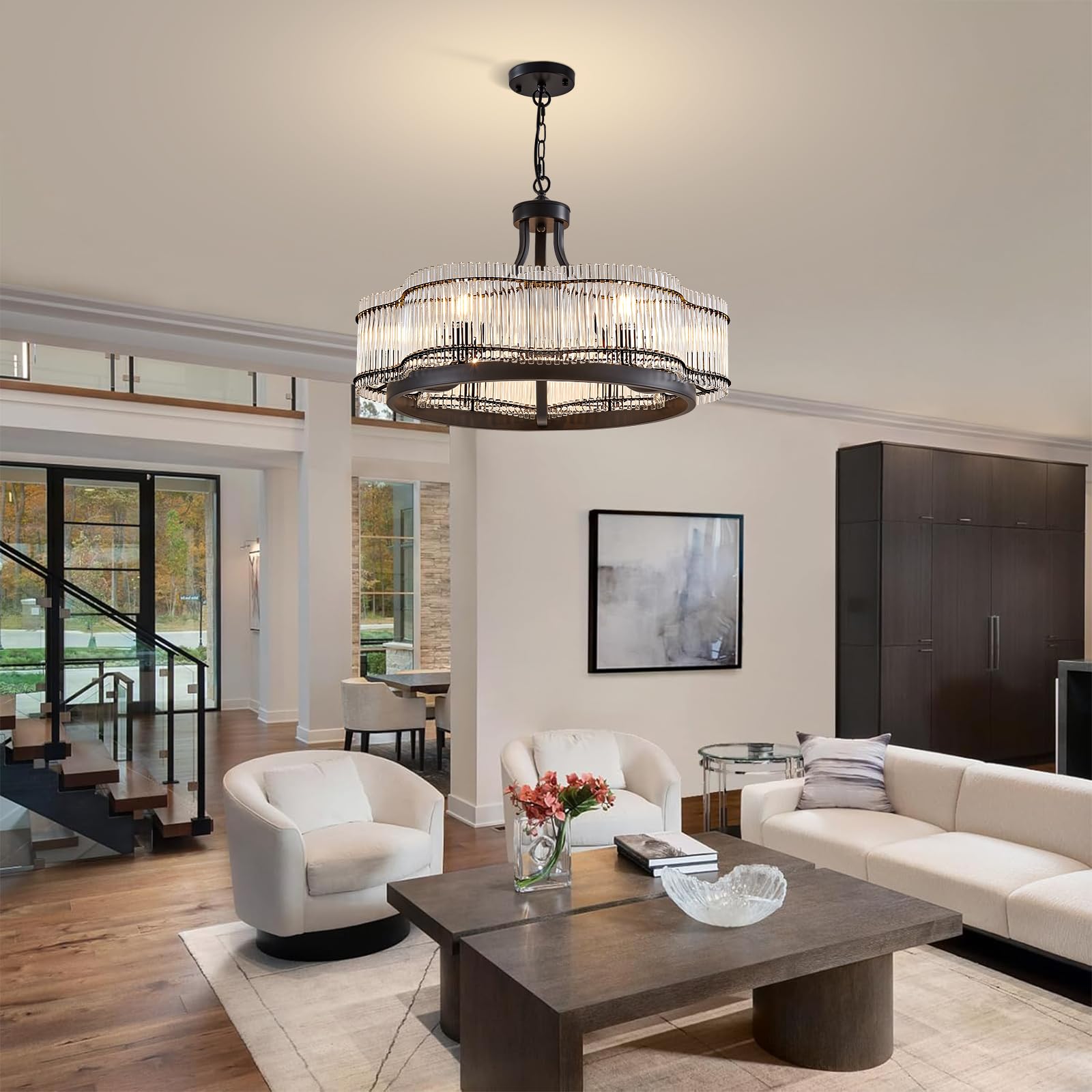 Hccz 6 Light Modern Crystal Chandelier Dining Room Light Fixture Black Round With Crystal Rods Pendant Lighting Adjustable Farmh