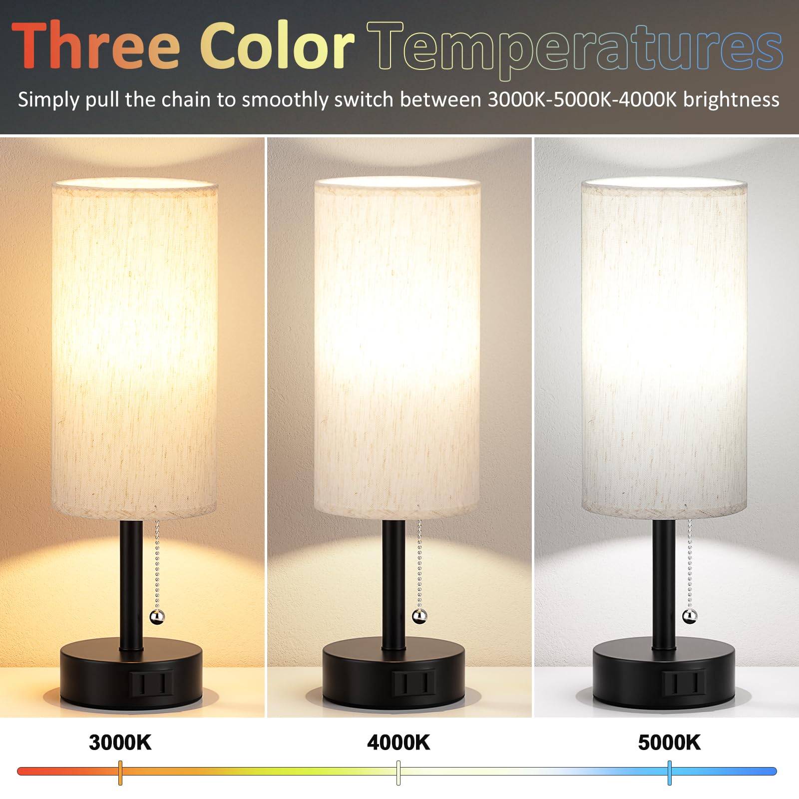 Fenmzee Bedside Table Lamps Set of 2, Cream Metal, 14in, E26 LED Bulbs, 3 Color Temperatures, Pull Chain, AC Outlet