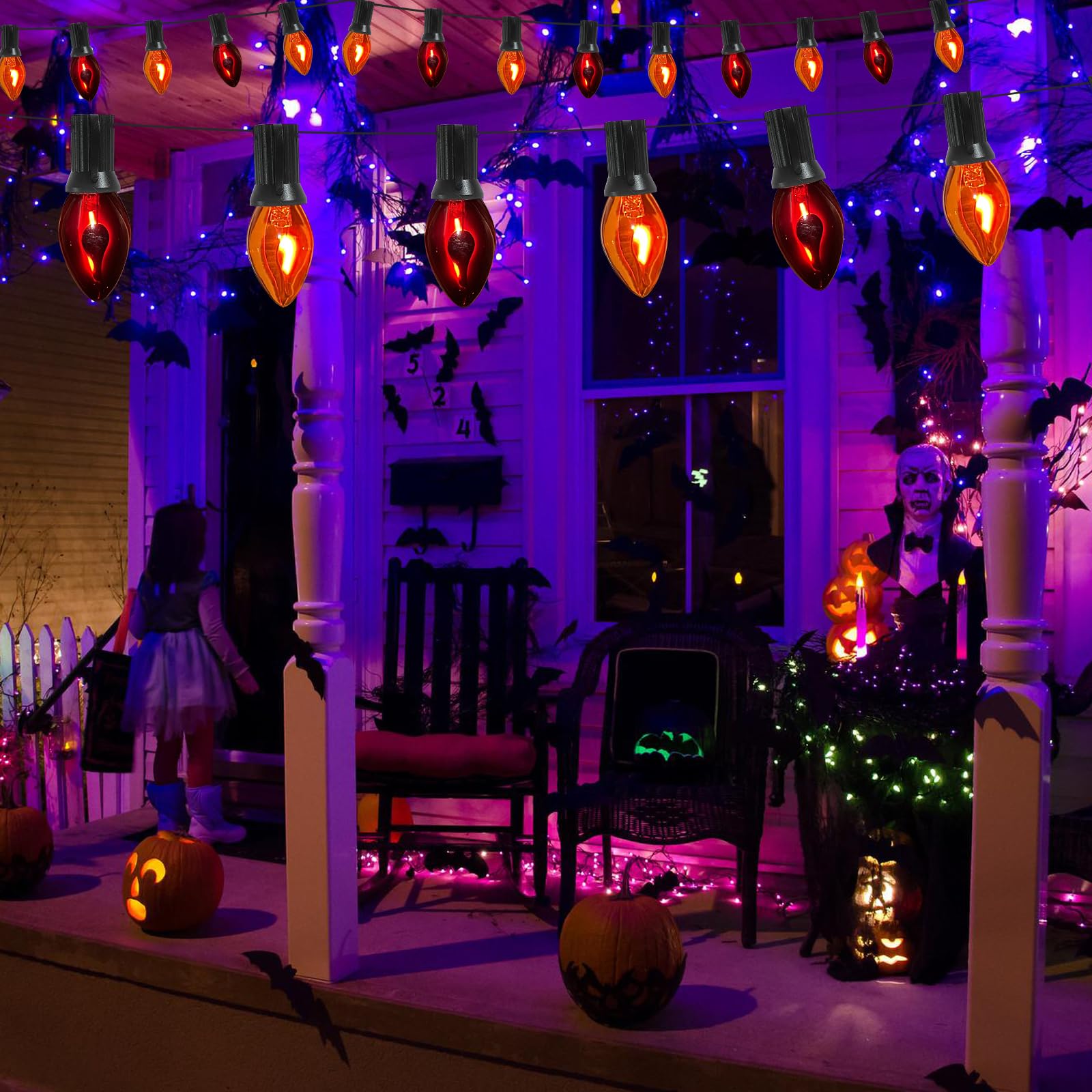GOOTHY C7 String Lights - 25Ft Orange/Purple Flicker Flame, Waterproof, UL Listed for Outdoor Garden Party Decor