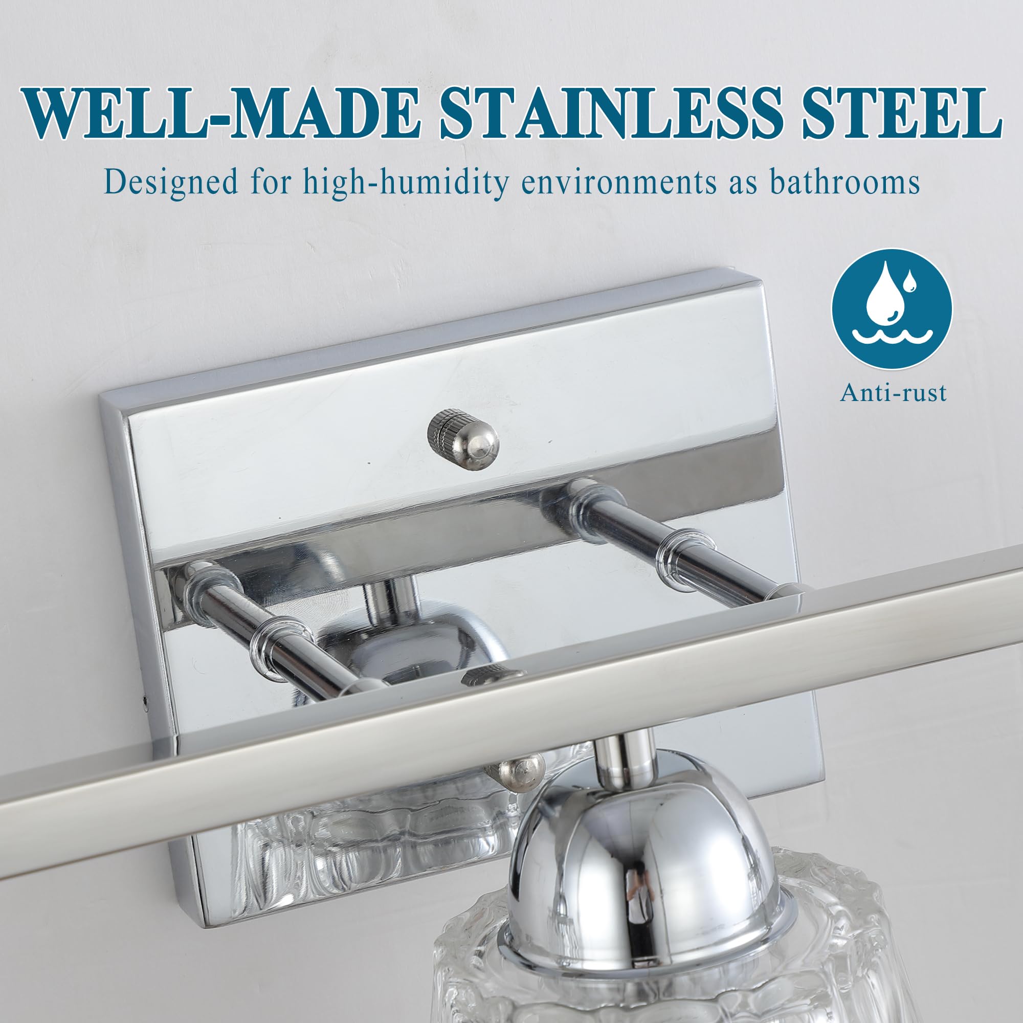 Mecgirn Stainless Steel 3-Light Bathroom Vanity Light, Silver Chrome with Textured Glass Shades, Modern Wall Mount Over Mirror