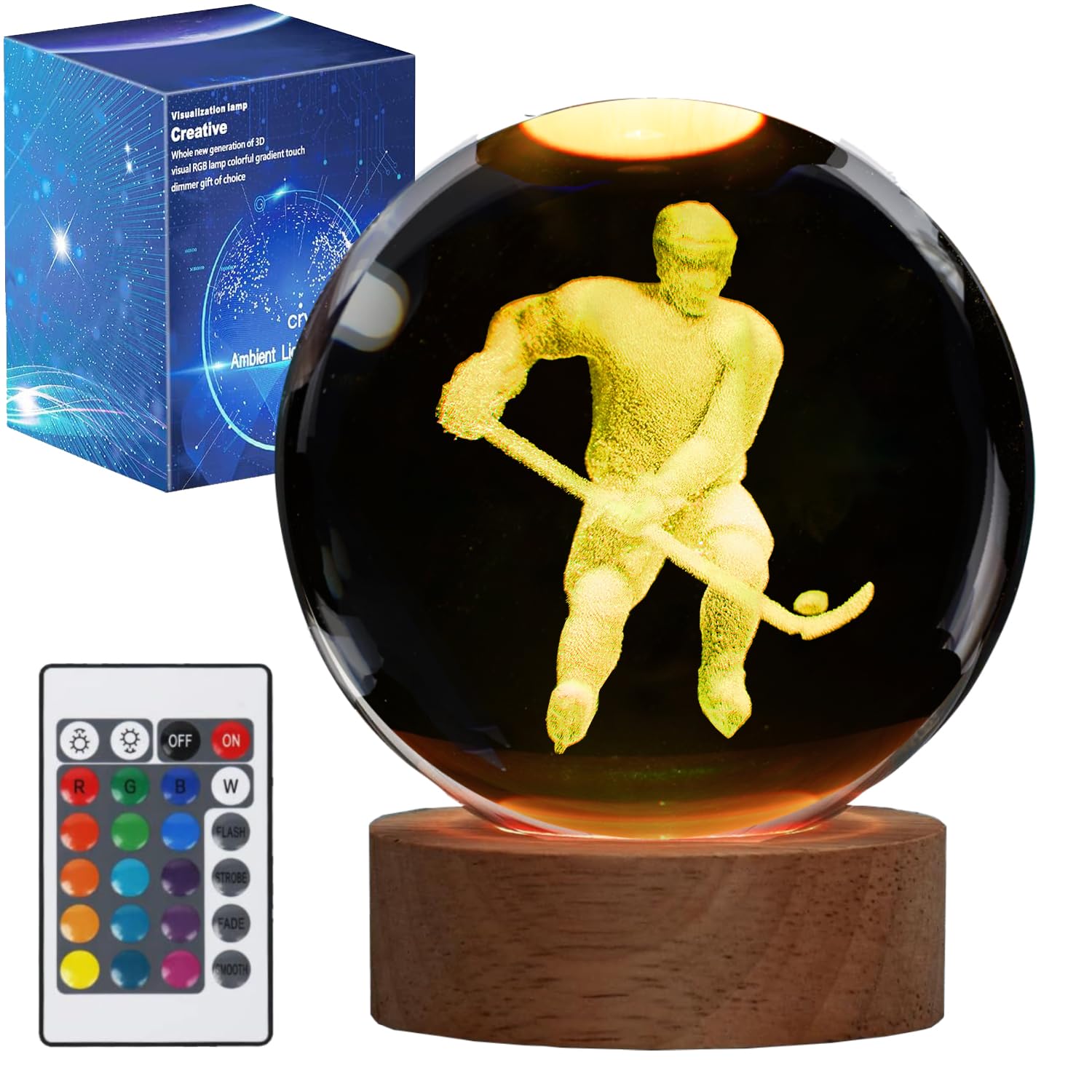 POSSHE Hockey Night Light, Ice Hockey Gifts, Hockey 3D Crystal Ball Night Light with Remote Upgraded 3.15 Inch Lamps with 16 Col