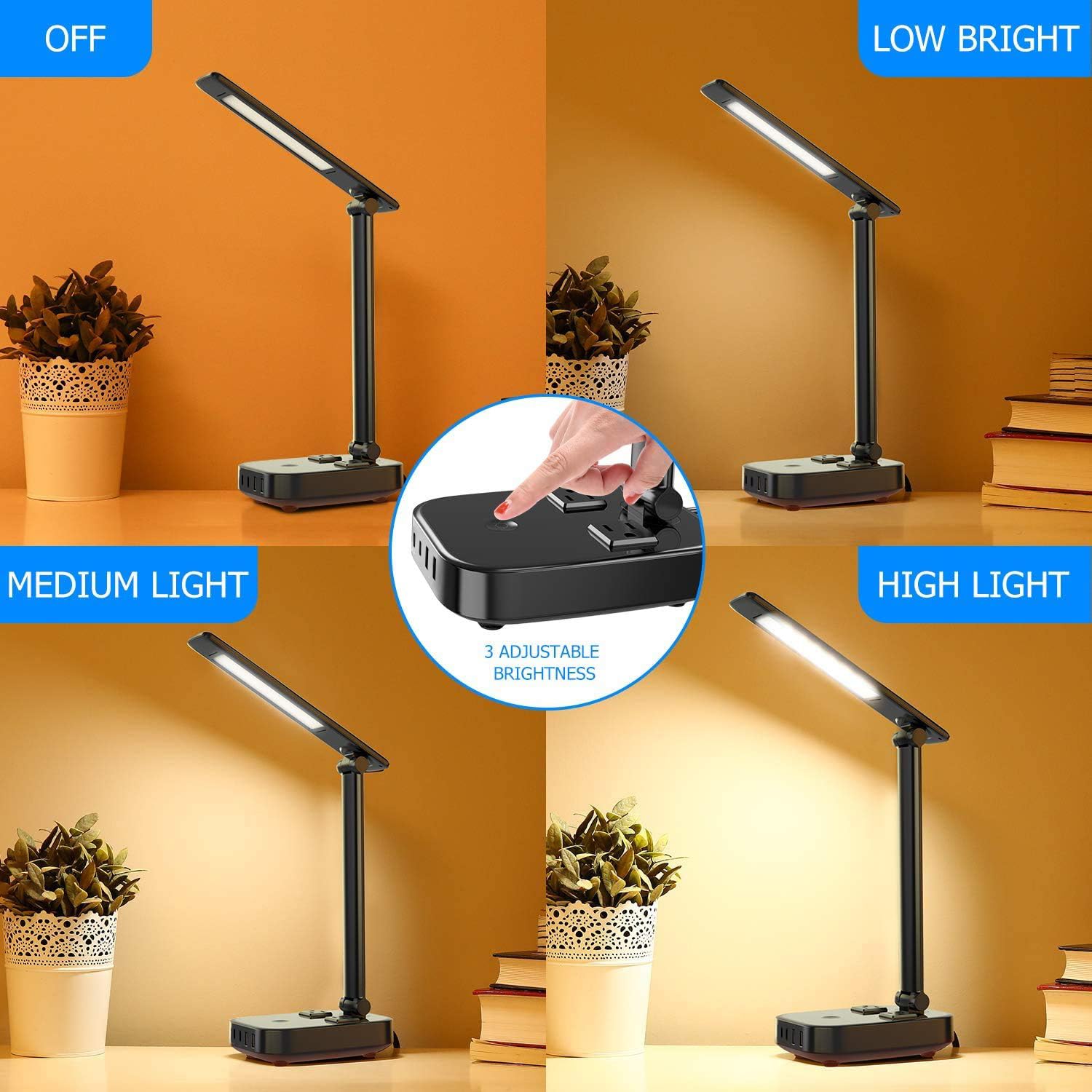 Yostyle LED Desk Lamp with 4 USB Ports, 2 AC Outlets, Touch Control, Black, Model SPMKJ-07