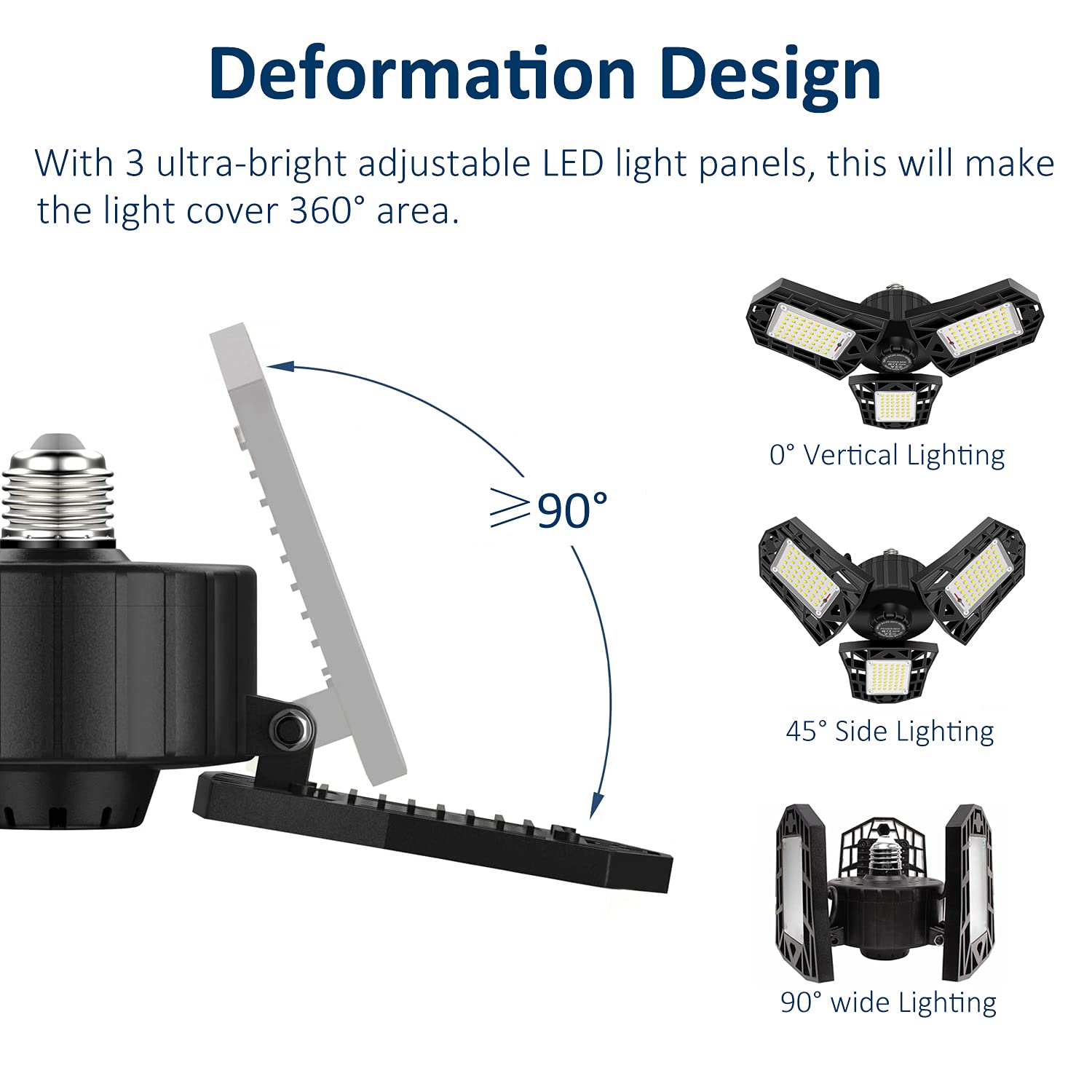 GHUSTAR LED Garage Light 60W - 6000LM 6500K Deformable Ceiling Lights, 3 Panels, 2 Pack, Plastic