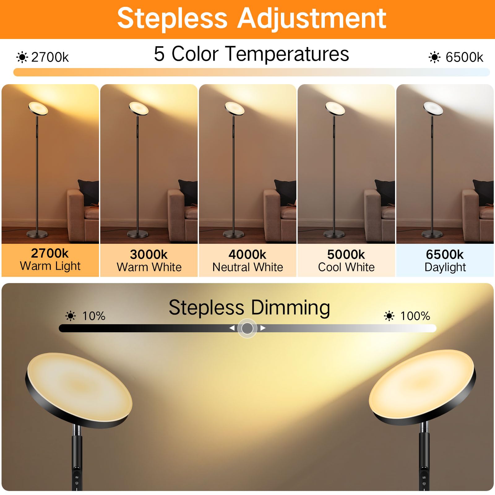 OUTON Smart RGB Floor Lamp, 36W Dimmable LED Torchiere, Black, Model DGEUFL0016-RGBCW-B, APP & Remote Control, Ideal for Living