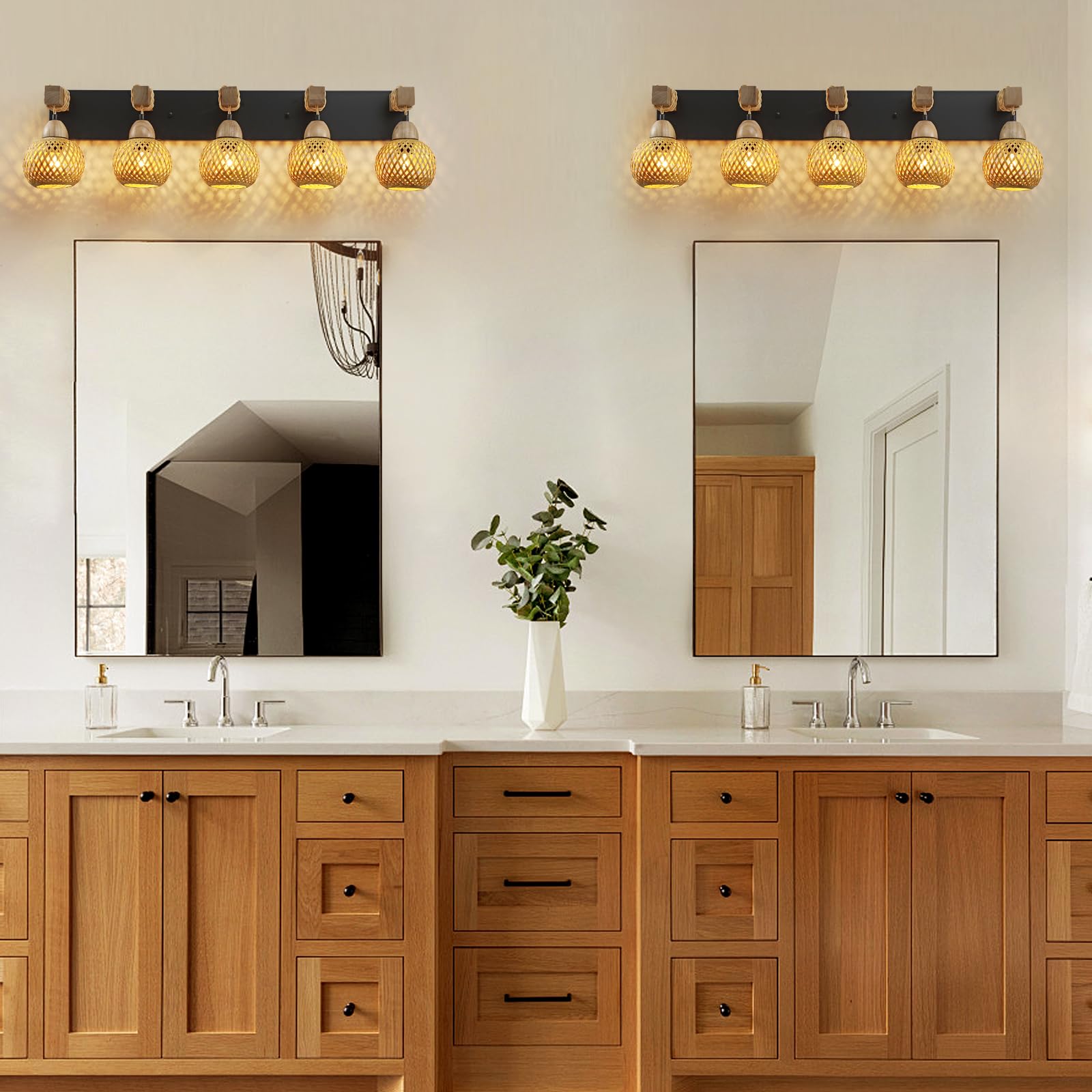 5-Light Bathroom Vanity Light Fixtures, Rustic Style Farmhouse Wood Bathroom Wall Sconce, Handmade Bamboo Woven Boho Wicker Bask