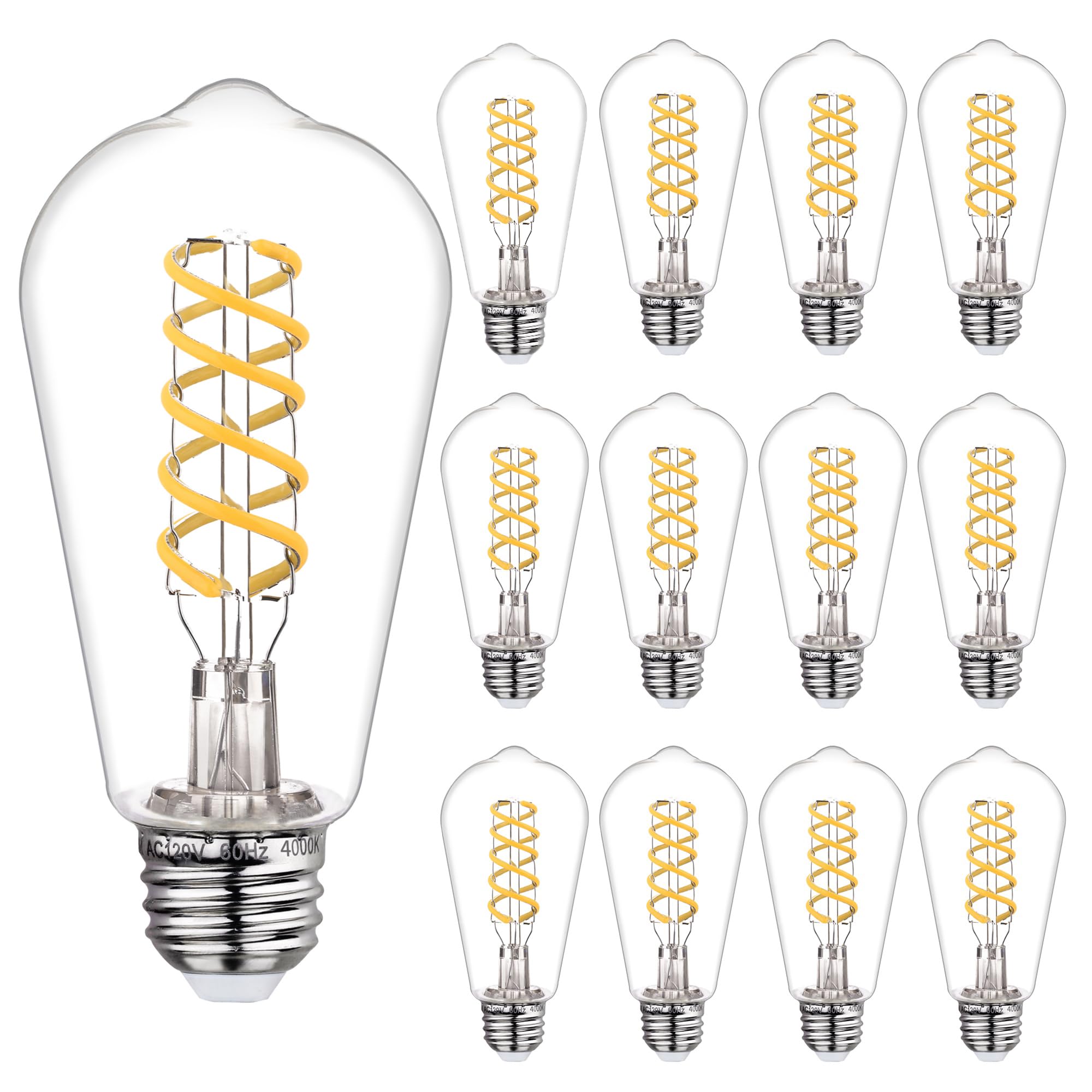 Austin Coast 12 Pcs Dimmable Vintage Led Edison Bulbs, 6W Equivalent 60 Watt, Natural White 4000K, Antique Flexible Spiral Led F