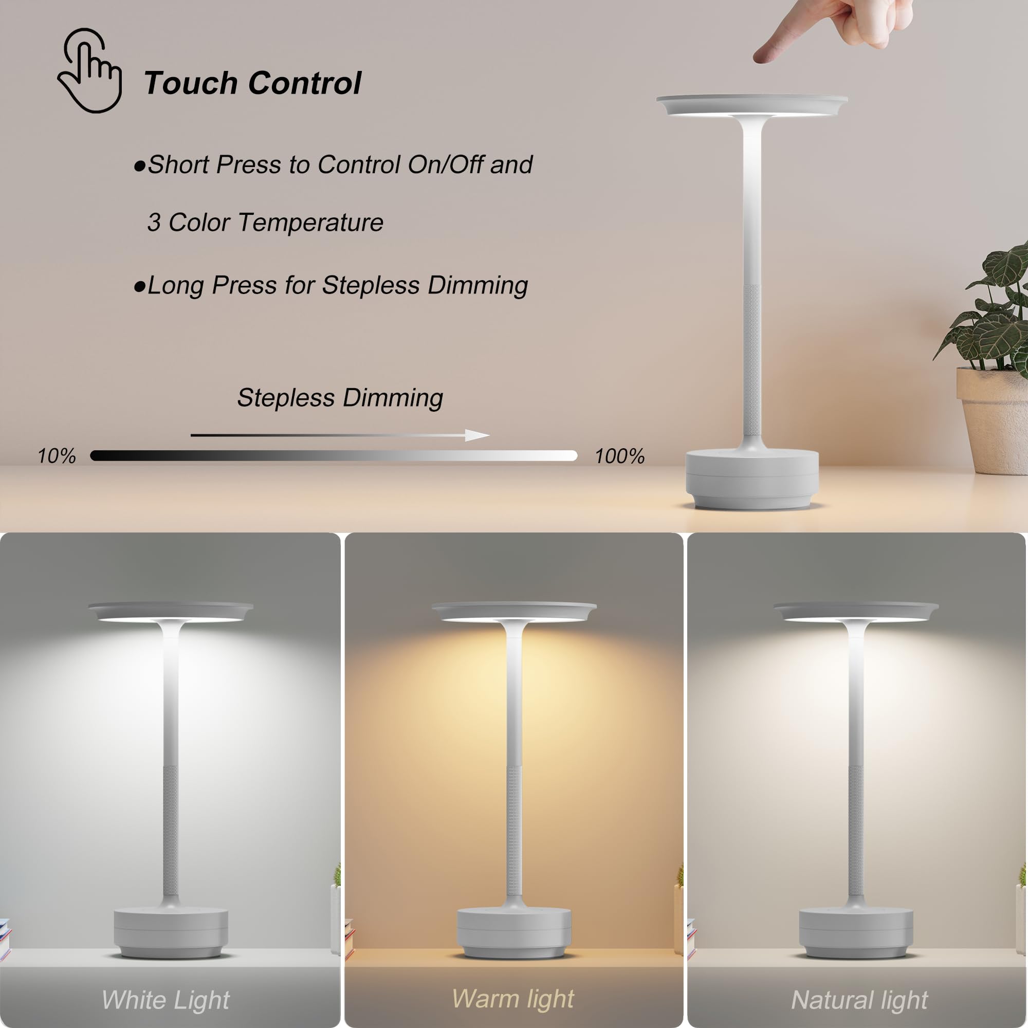 TBBGA Rechargeable Table Lamp, 5000mAh, 3 Color Dimming, LED, Portable, Light Gray, Model T106C