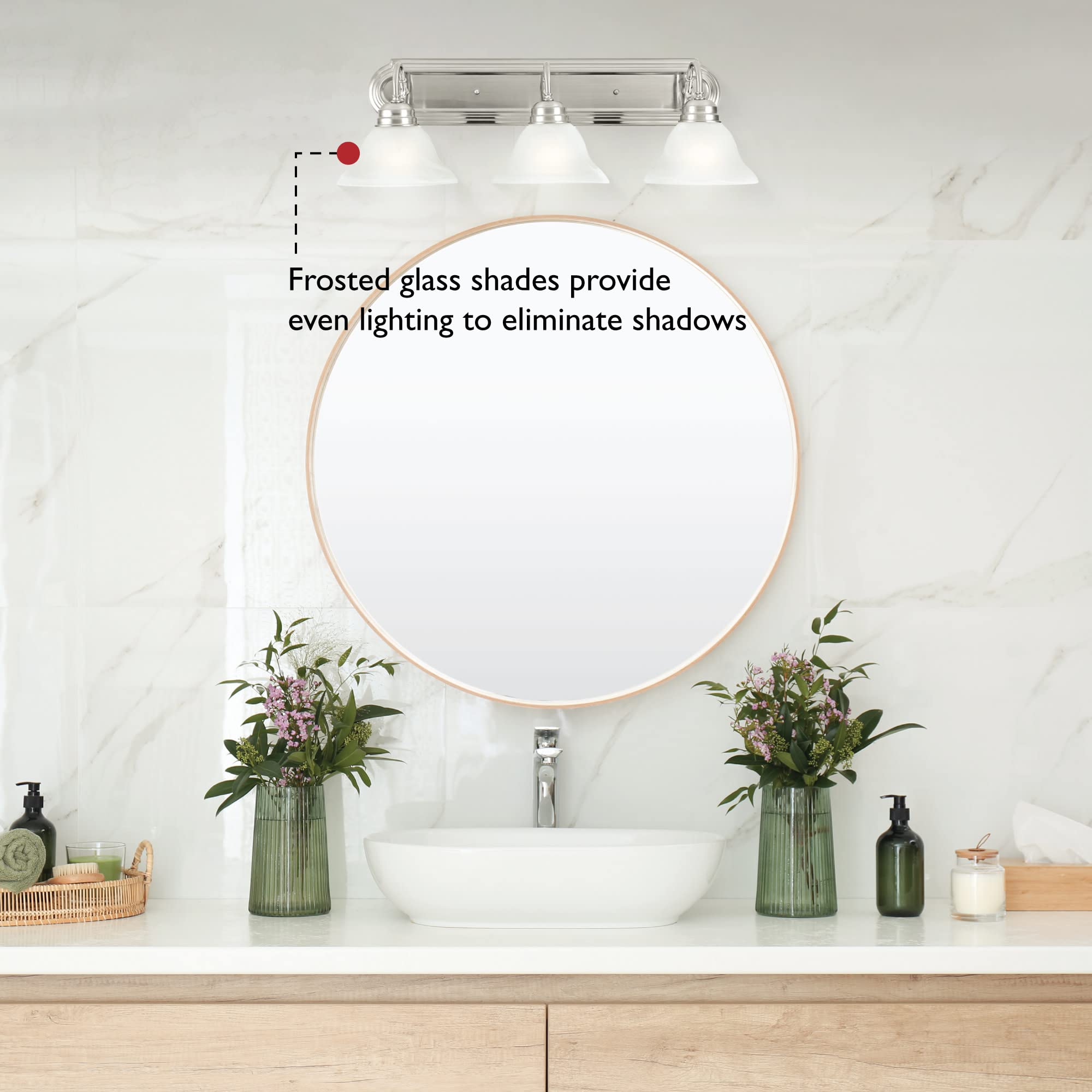 Design House 517383 Millbridge Vanity Light, Frosted Glass Shades, Dimmable, Bathroom Wall Fixture, 3, Satin Nickel Finish