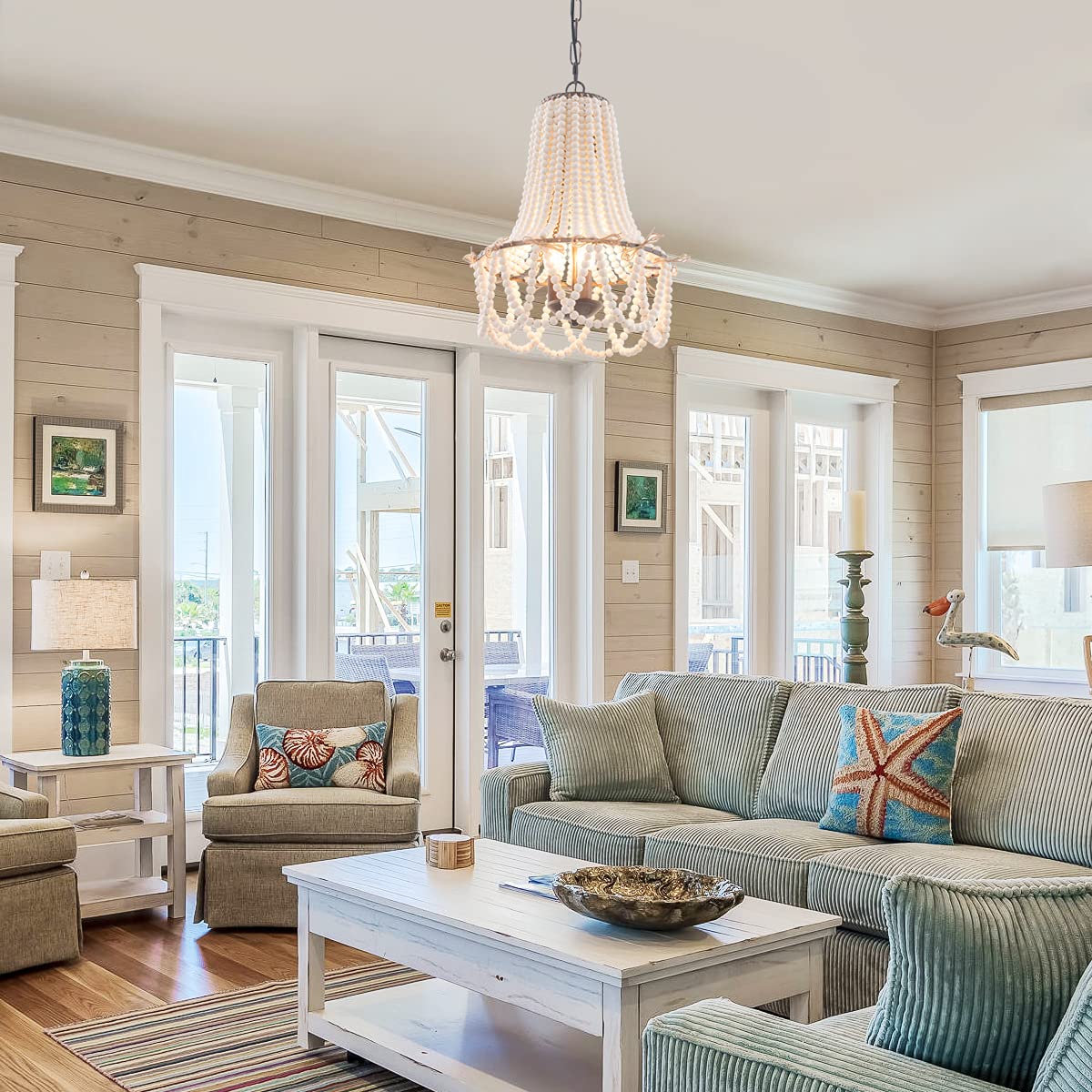 Wood Beaded Chandelier 3-Light Bohemia Pendant Light Fixture Farmhouse Round Hanging Chandelier White Beads With Black Chain For