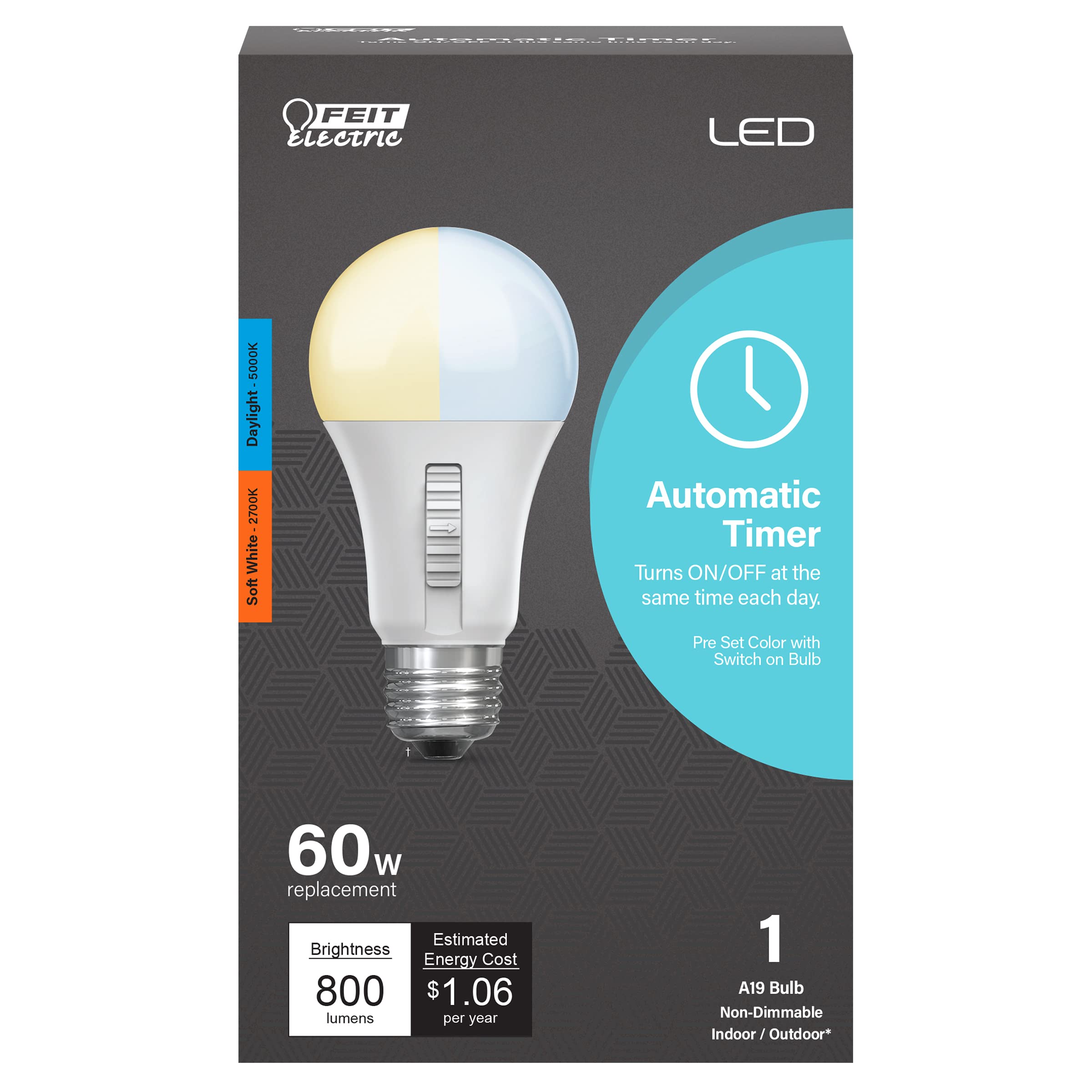 Feit Electric Led Color Selectable Timer Intellibulb - A19 With An E26 Medium Base Light Bulb - 60W Equivalent - 15 Year Life -