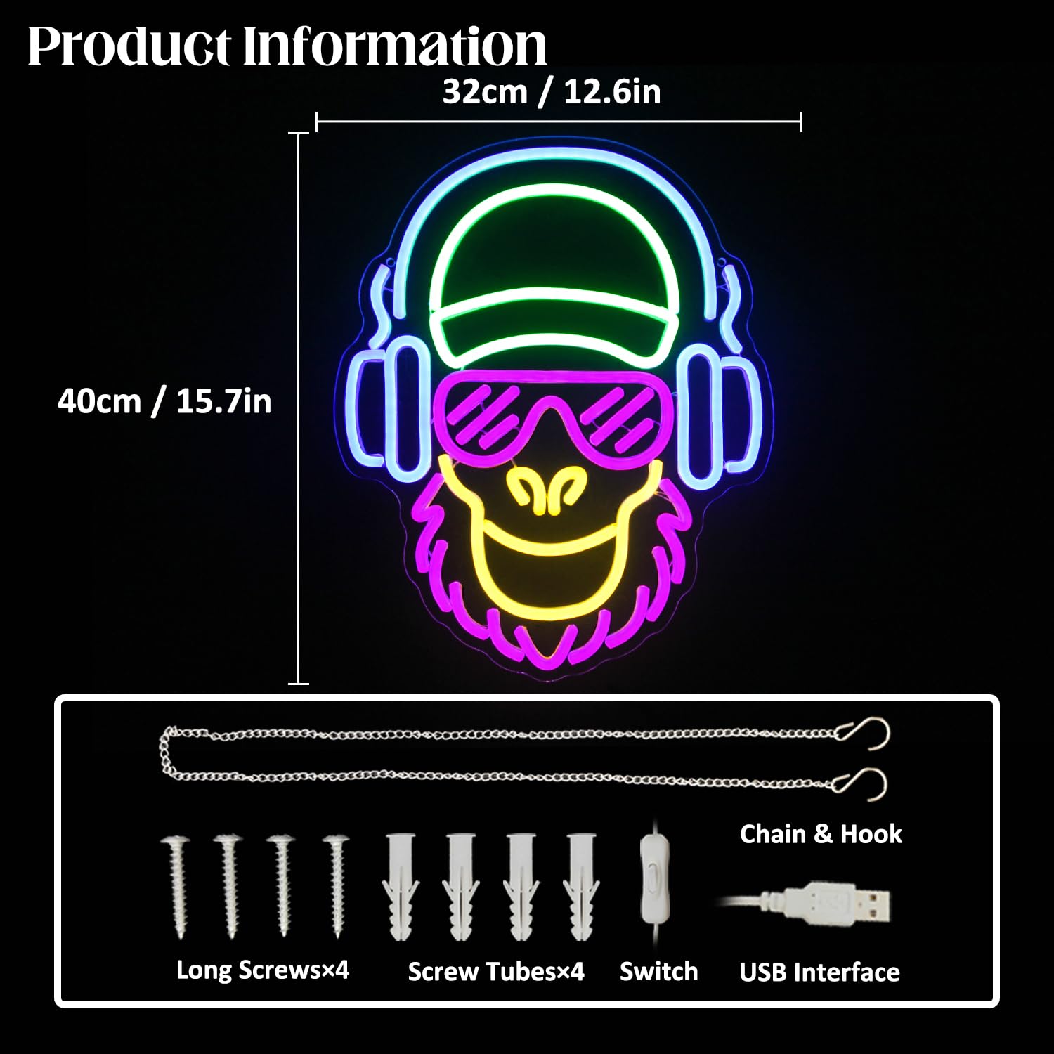 CKTBLEY Monkey Listening to Music Neon Sign Monkey with Headphone Neon Light Live Music LED Sign for Wall Cool Animal Neon Light