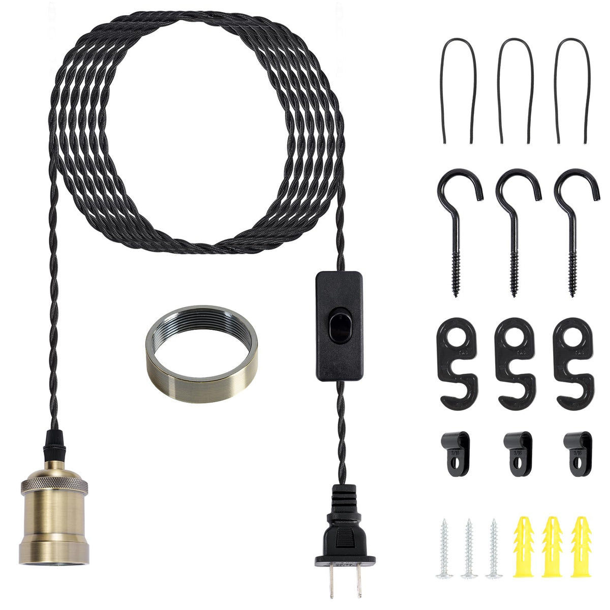 Plug in Pendant Light Cord hanging light kit with switch,Farmhouse Hanging Lights 19.68 ft power cord length,Hemp Rope Plug in b