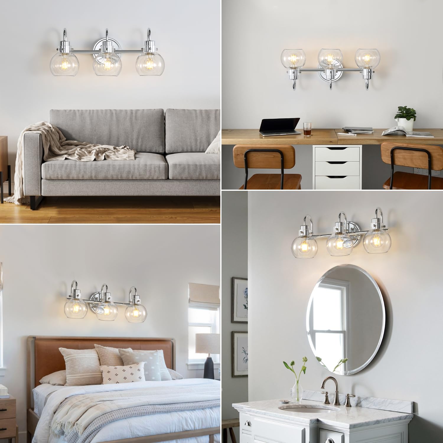 Apenath 3-Light Bathroom Vanity Light Fixture, Polished Chrome, Metal Glass, Model FL-3PCRWL-01, Clear Globe Shades for Mirror & Bath