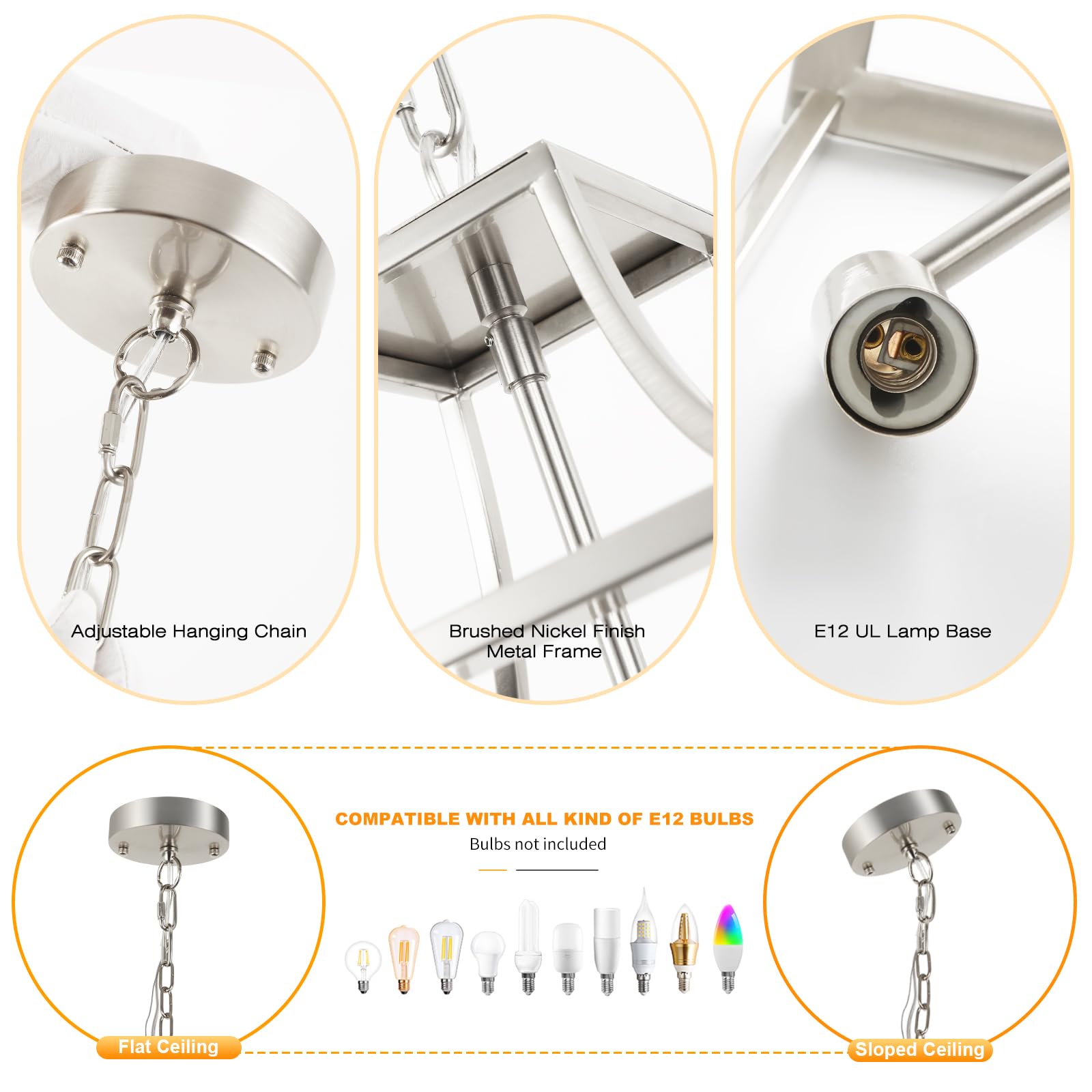 Foucasal Lantern Pendant Light Brushed Nickel Pendant Light Fixtures 3-Light Lantern Light Fixture, 9.4'' Adjustable Hanging Pen