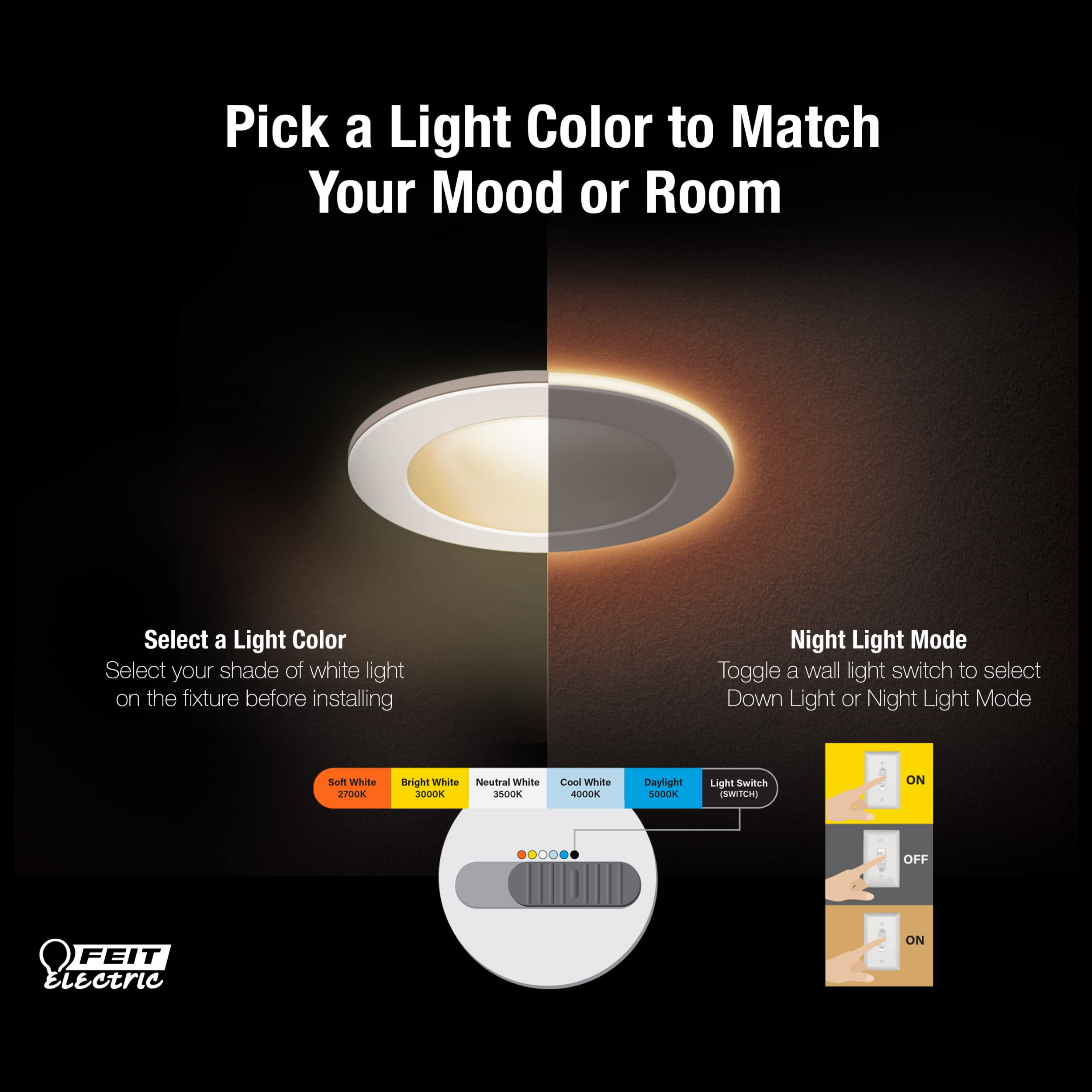 Feit Electric 4'' Led Recessed Downlight With Night Light Mode, 50W Equivalent, Dimmable, 5Cct Selectable White, 90 Cri, 650 Lum