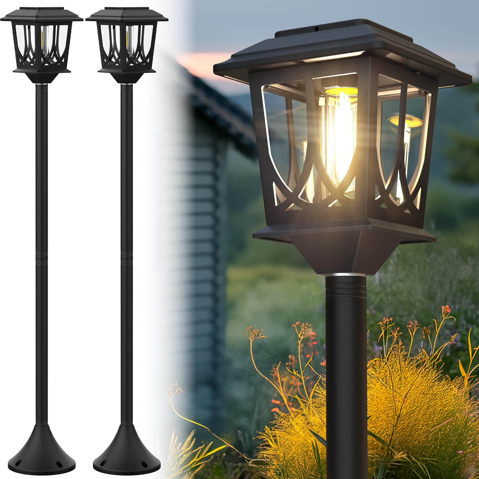 DOESLAG Solar Lamp Post Light, 40 Inch, Waterproof Metal Glass, Auto Dusk-to-Dawn, Black, Model ZCJN-19I, 2 Pack