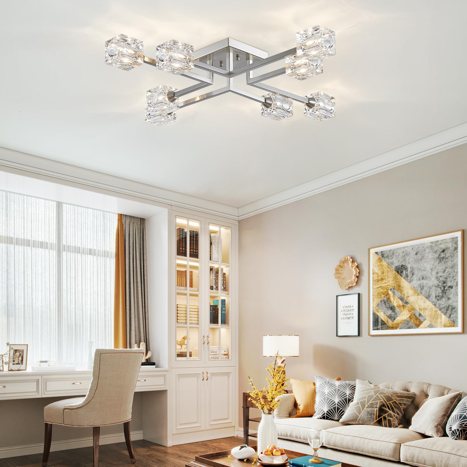 Peskoe Modern Semi Flush Mount Ceiling Light Sputnik Chandeliers, 31.5'' Industrial Ceiling Light Fixture For Dining Room, Livin