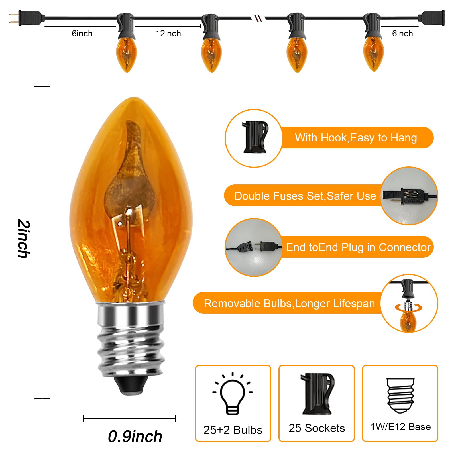 25Ft Orange Halloween Lights Outdoor, C7 Halloween Decorations Lights With 27 Orange Flicker Flame Bulbs, Vintage Christmas Flickering Lights For Patio Garden Party Christmas Tree Decor-Black Wire