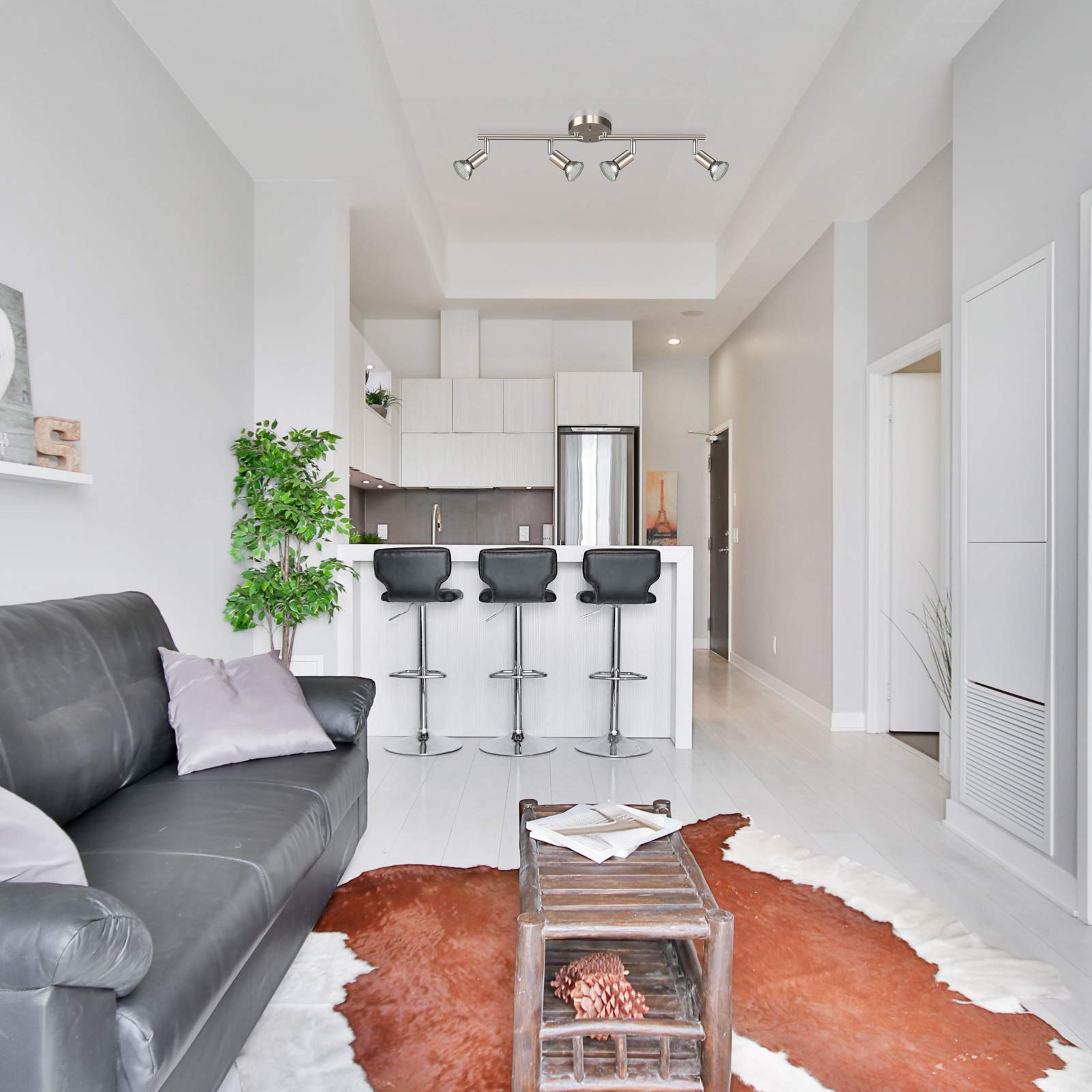 Ascher 4-Light Led Track Lighting Kit, Flexibly Rotatable Light Heads, 4 Way Ceiling Spotlight Matt Nickel Finish, Including 4 G