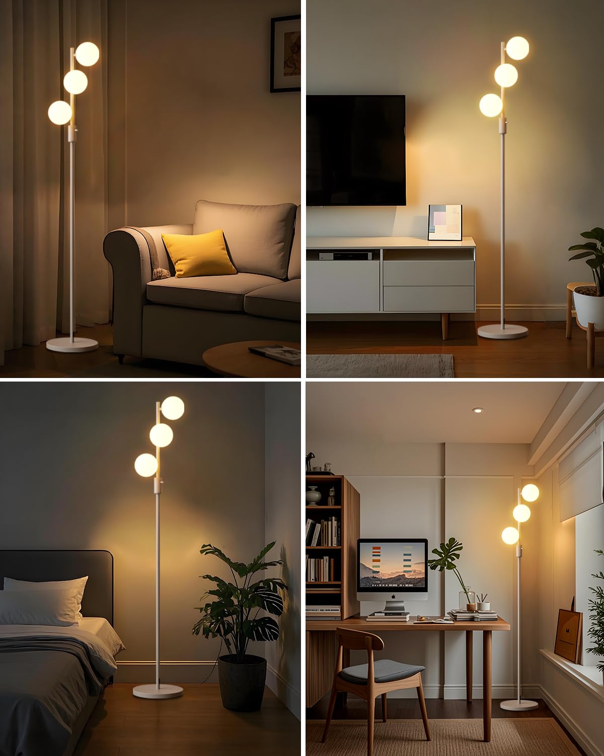 Acohook 64In Dimmable White Floor Lamp, Tall Standing Lamps With 3 Globe Soft Warm White Eye Care 3000K G9 Bulbs, Mid Century Mo