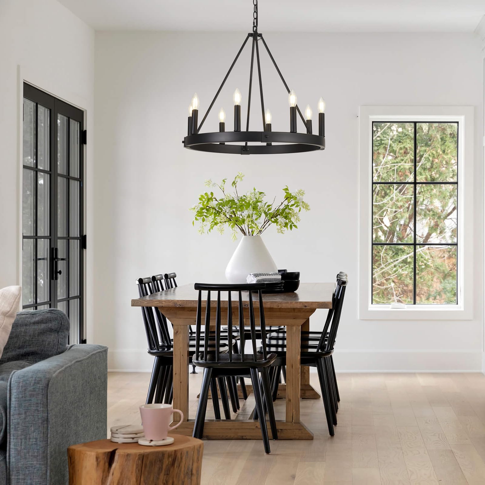 8-Light Farmhouse Wagon Wheel Chandelier, D24'' Black Round Chandeliers For Dining Room, Modern Industrial Kitchen Island Pendan