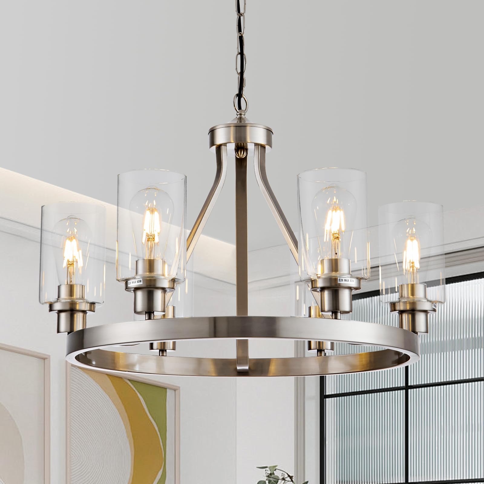 Lanhall 6-Light Chandelier Pendant Lighting Brushed Nickel Metal Adjustable Height for Dining Room Living Room Bedroom Entryway