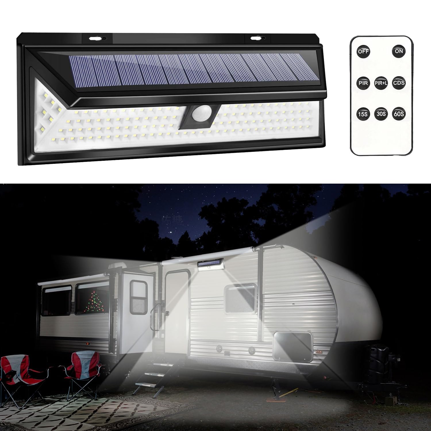 Hiseanllo Solar RV Porch Light, Motion Sensor with Remote Control, Waterproof, Black, Model RPL78