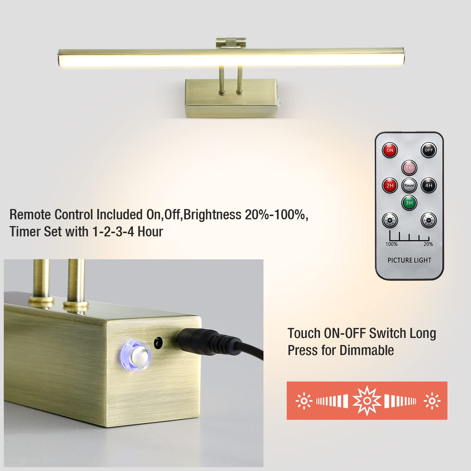 Howmzon 16 Battery Operated Picture Light - Metal Art Light In Antique Brass, Remote Control, Rechargeable, Model Hw202201Ab