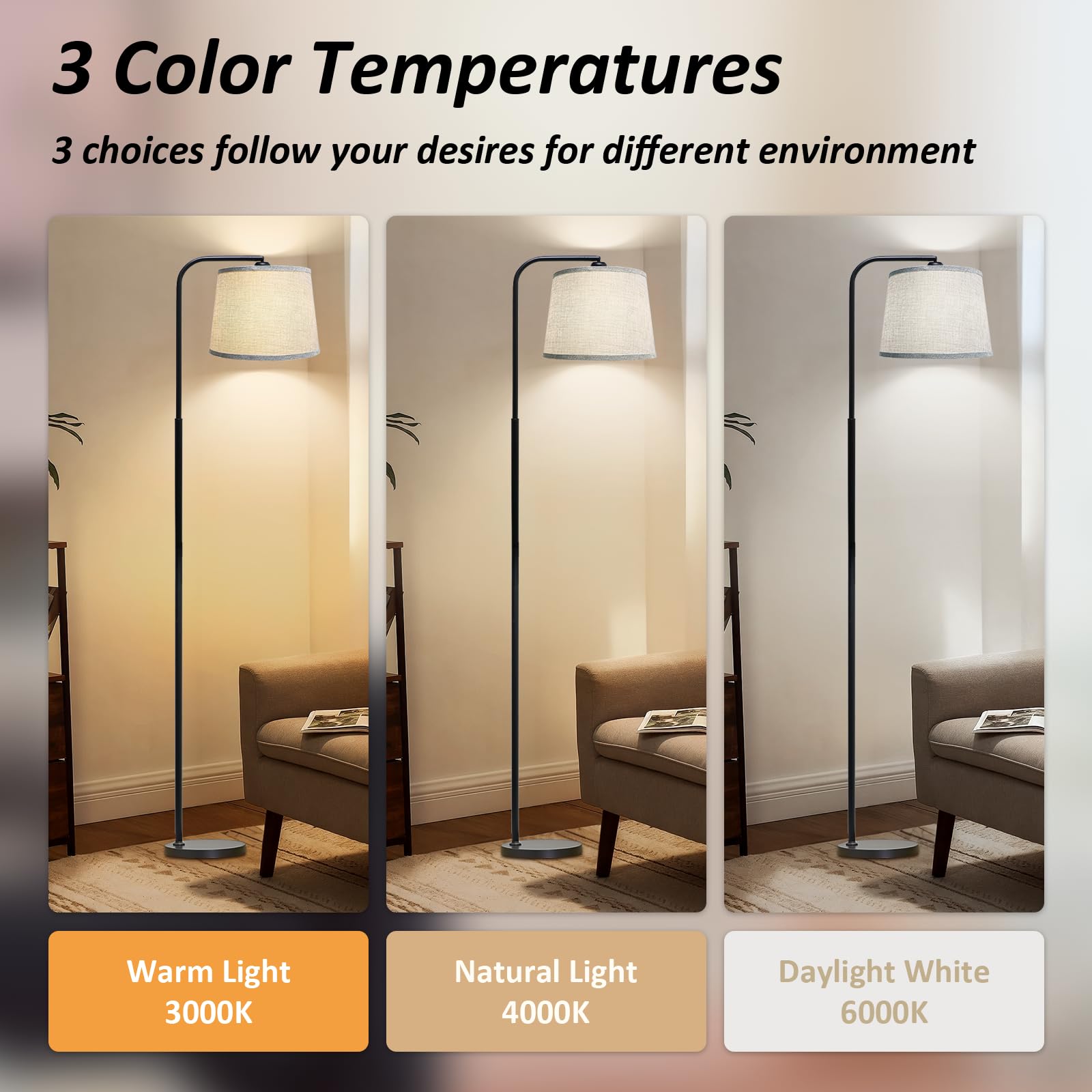AKASUKI Floor Lamp, 3 Color Temperatures, Metal, Black Base-Grey Shade, Model LT-1125, Includes 9W LED Bulb