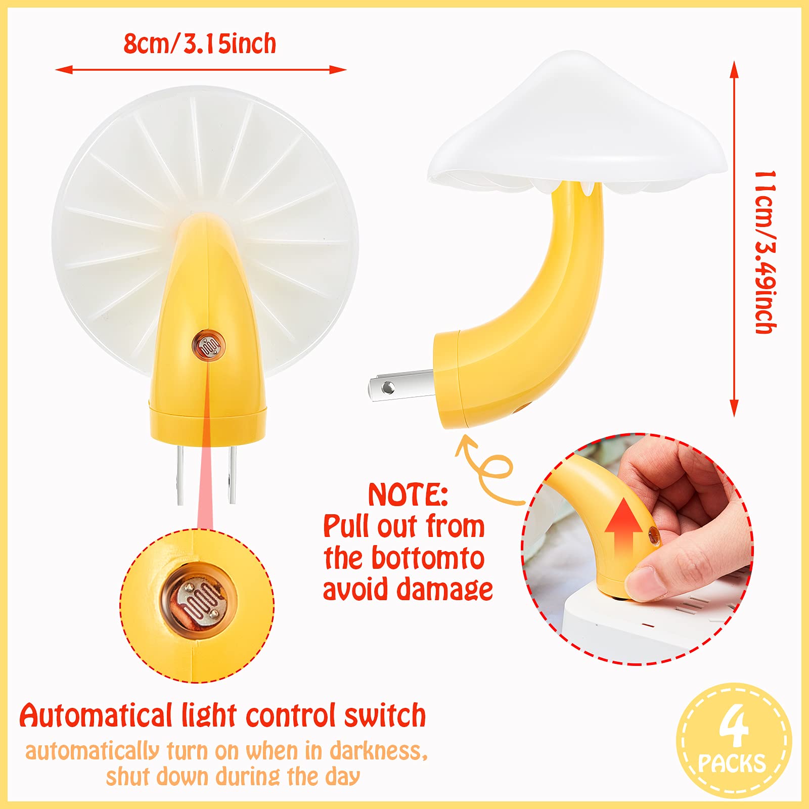 Honoson Mushroom Night Light - 4 Pieces LED Lamp, 7 Color Magic, Yellow Light with White Cover, Perfect for Kids and mature-themeds