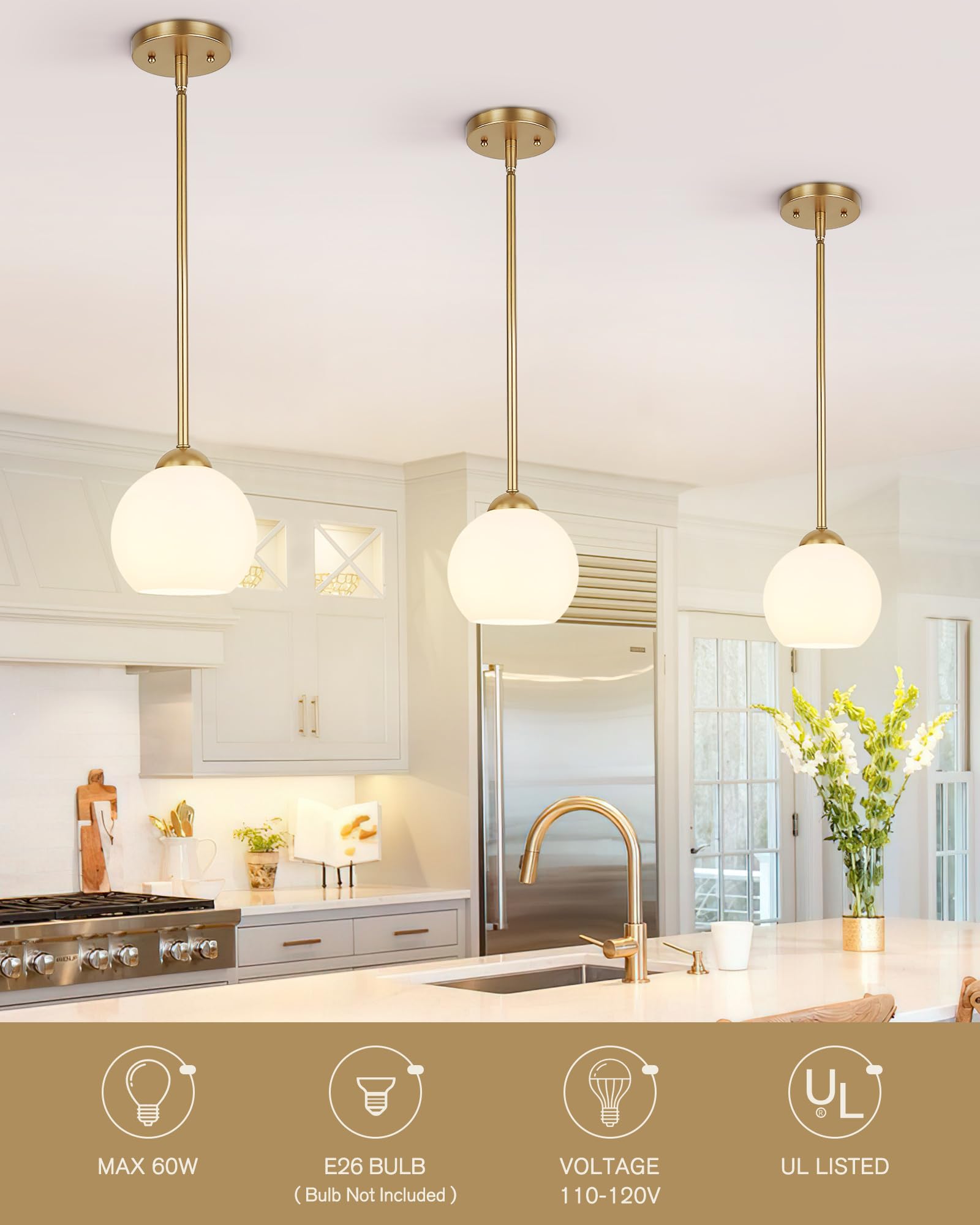 Emak Gold Pendant Light Fixtures, 7 Inch Globe Pendant Lights With Milk Glass Shade, 1-Light Hanging Lights For Kitchen Island,